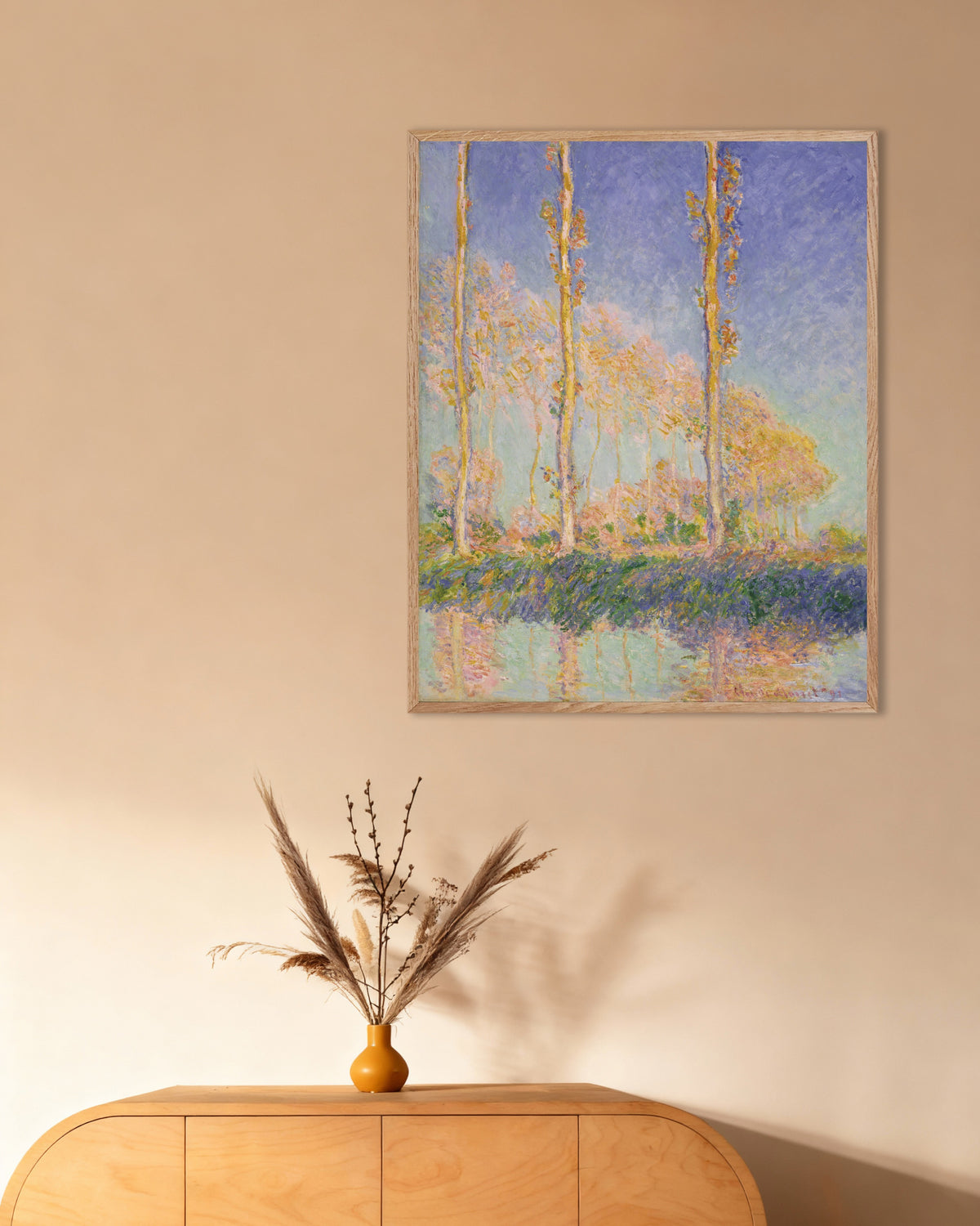 Affiche Les Peupliers (1891) de Claude Monet, avec un cadre en bois naturel