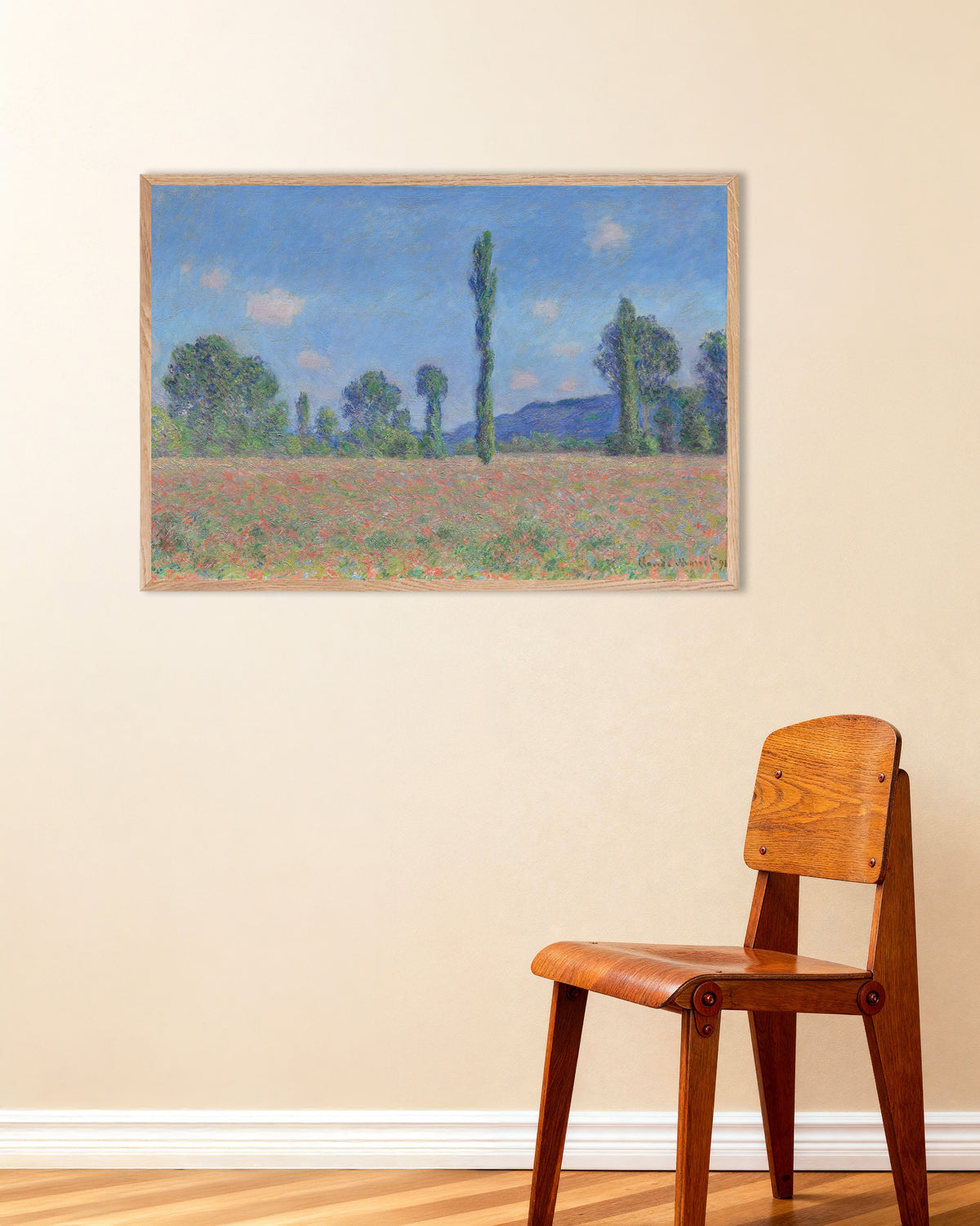 Affiche Champ de coquelicots, Giverny (1890) de Claude Monet, avec un cadre en bois naturel