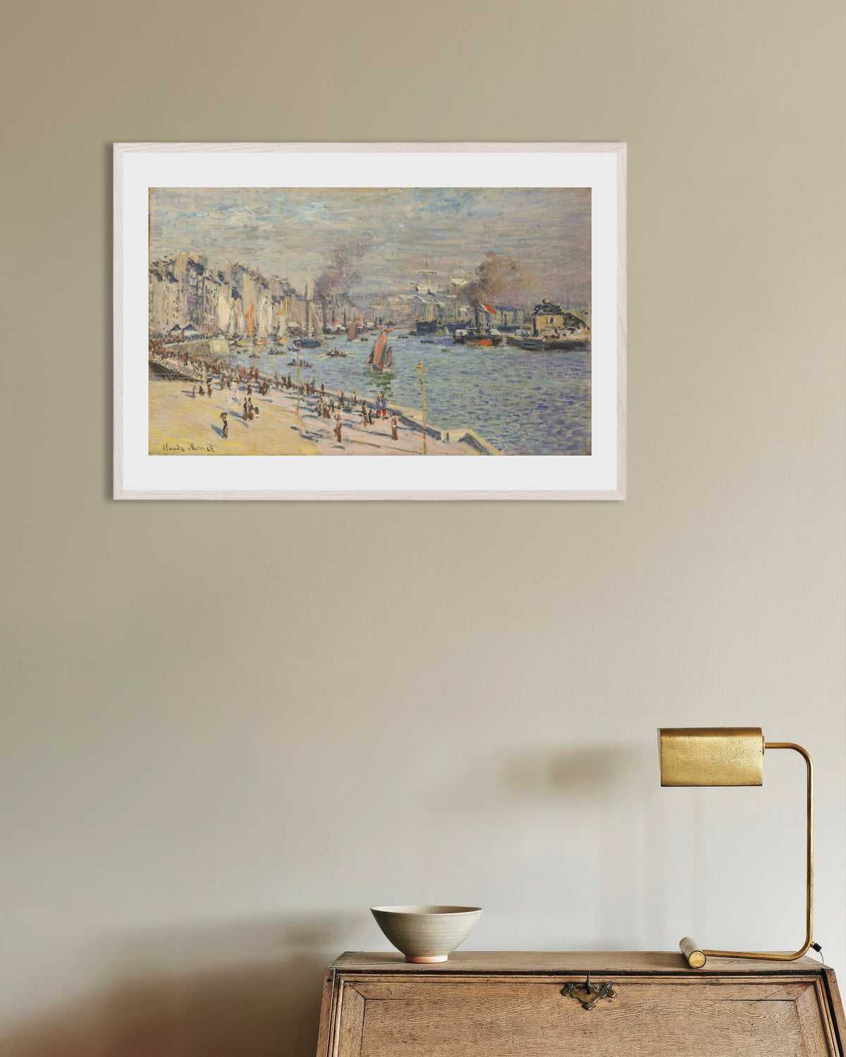 Affiche Le Port du Havre (1874) de Claude Monet, avec un cadre en bois blanc