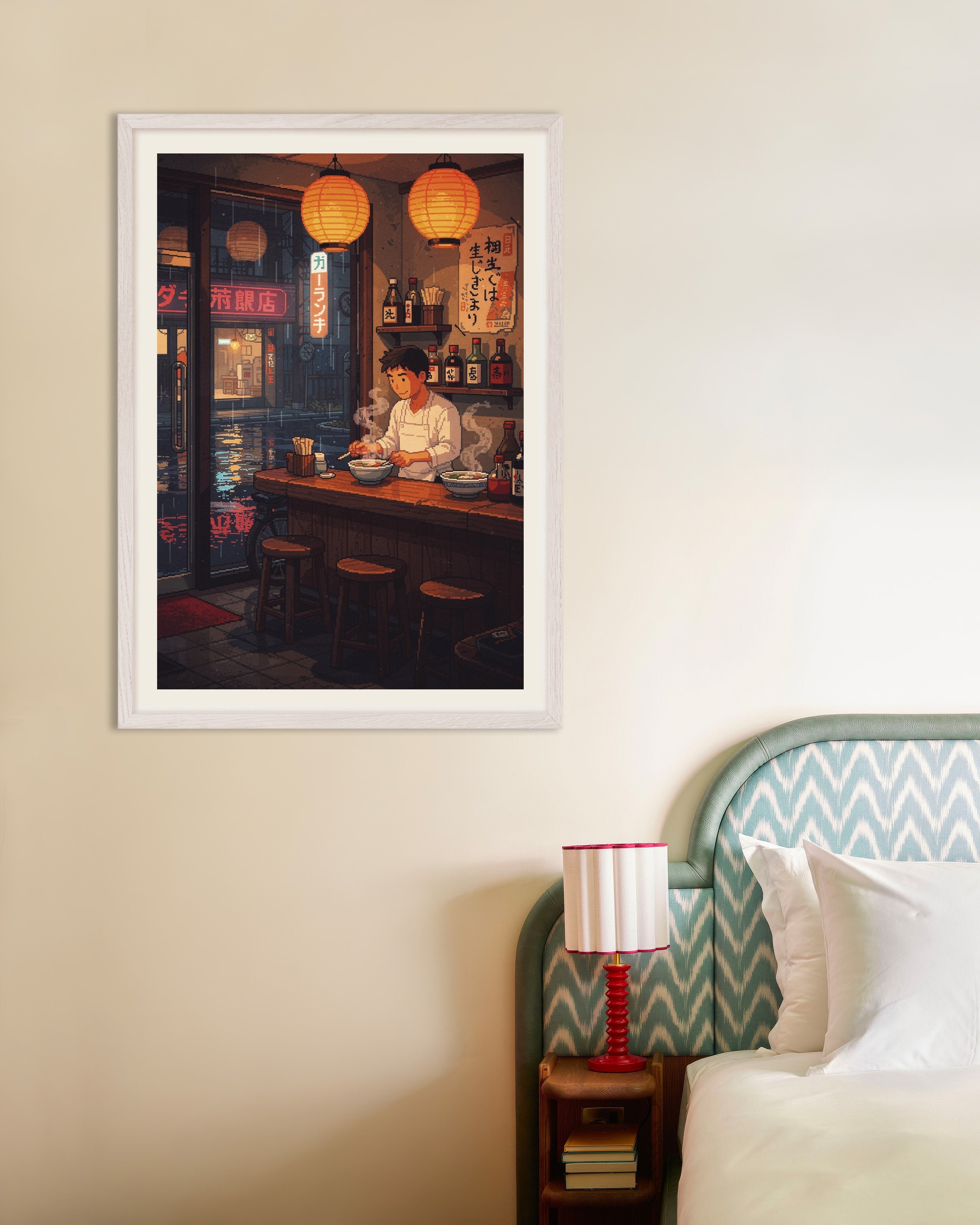 Poster of Ramen Shop Night - Pixel Art Poster, with white wooden frame