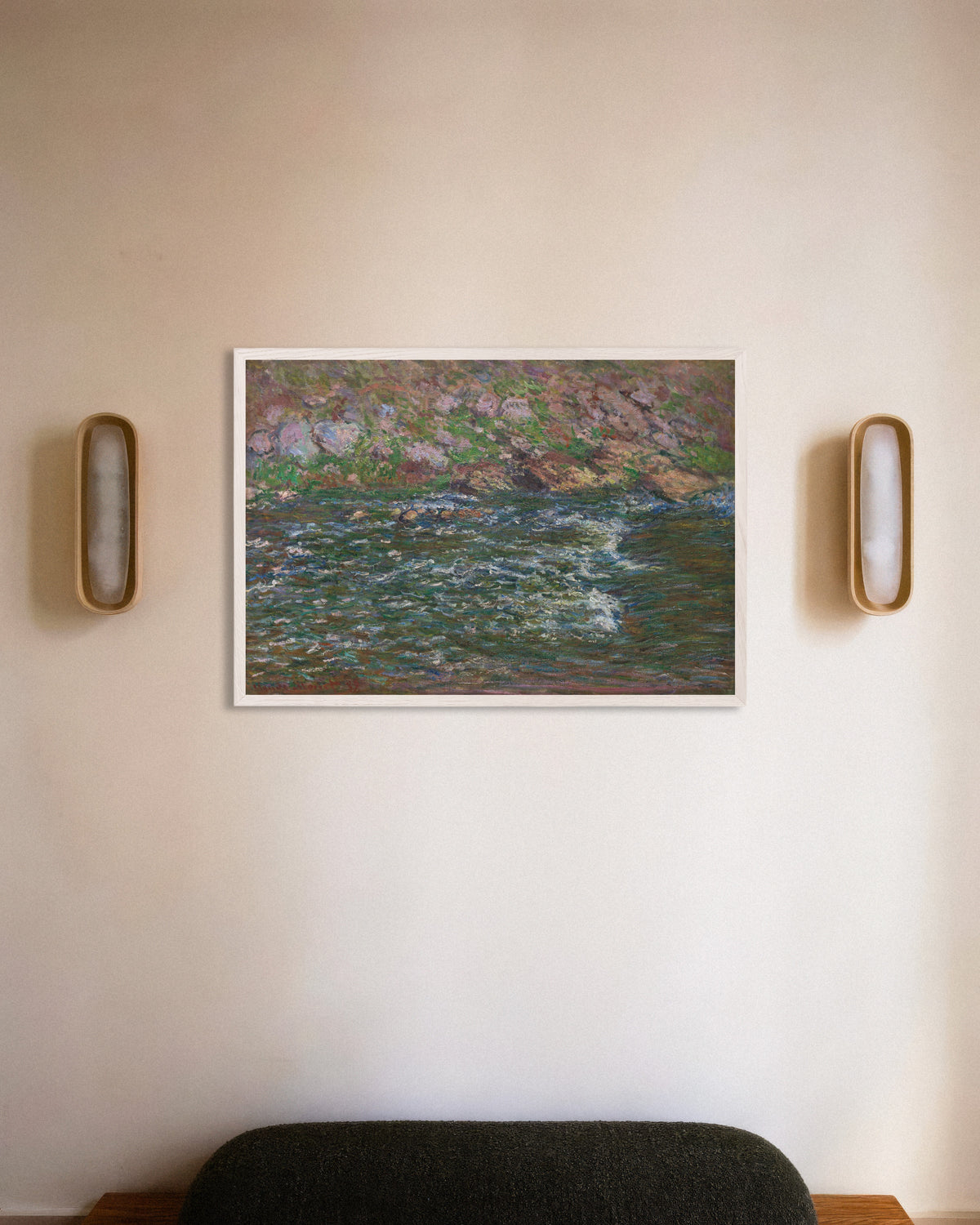 Affiche Rapides sur la Petite Creuse à Fresselines (1889) de Claude Monet, avec un cadre en bois blanc