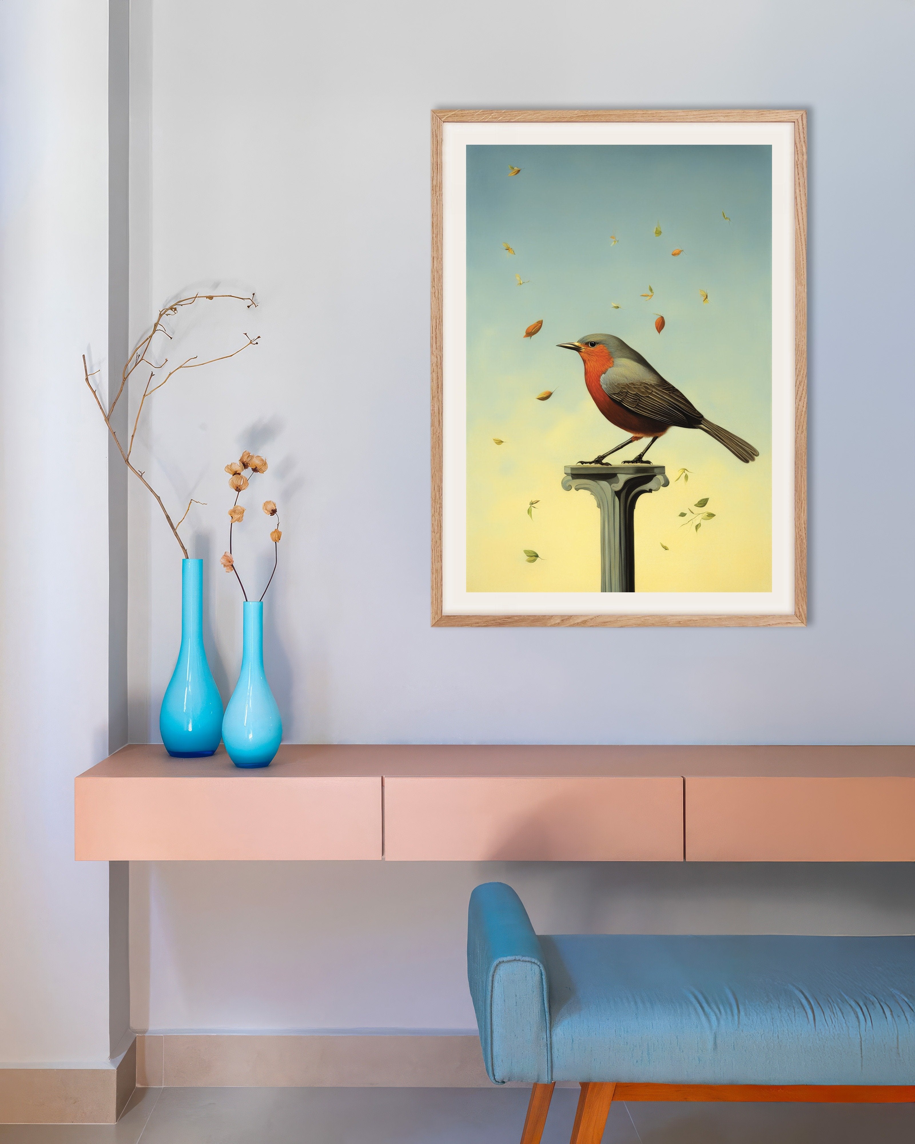 Poster of Robin on a Pedestal, with natural wooden frame