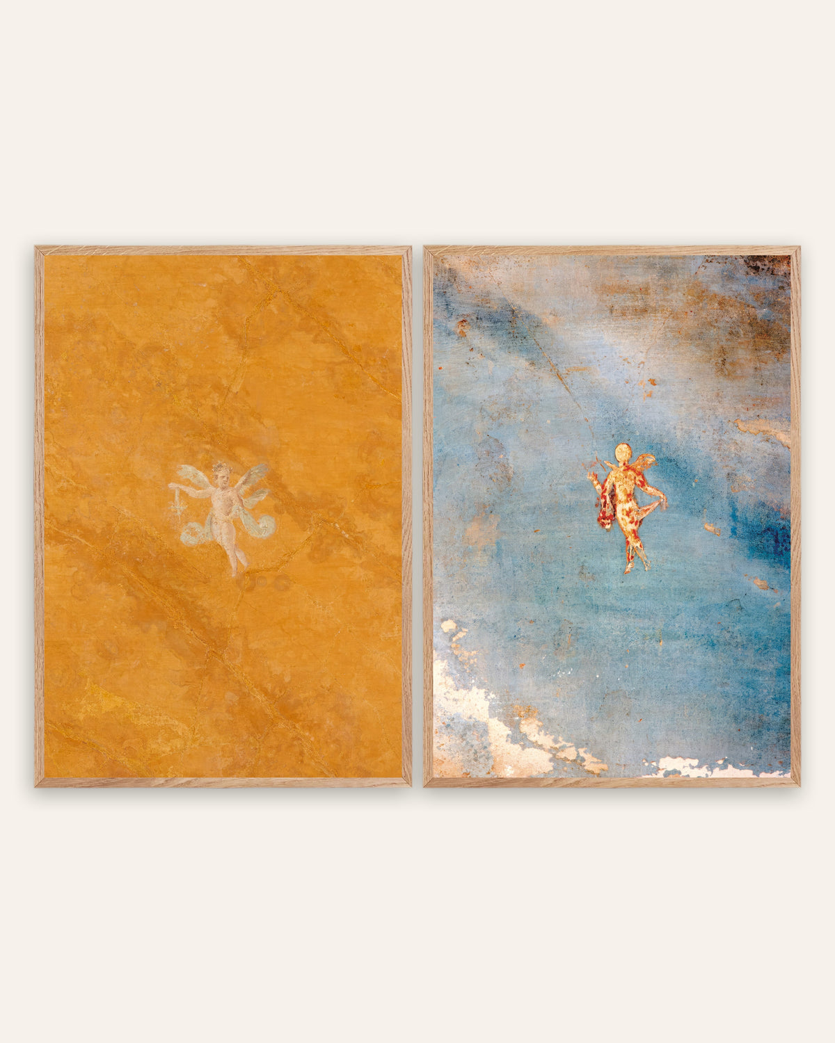 Affiches fresques romaines, lot de 2 : Cupidon et Psyché, cadres en chêne naturel