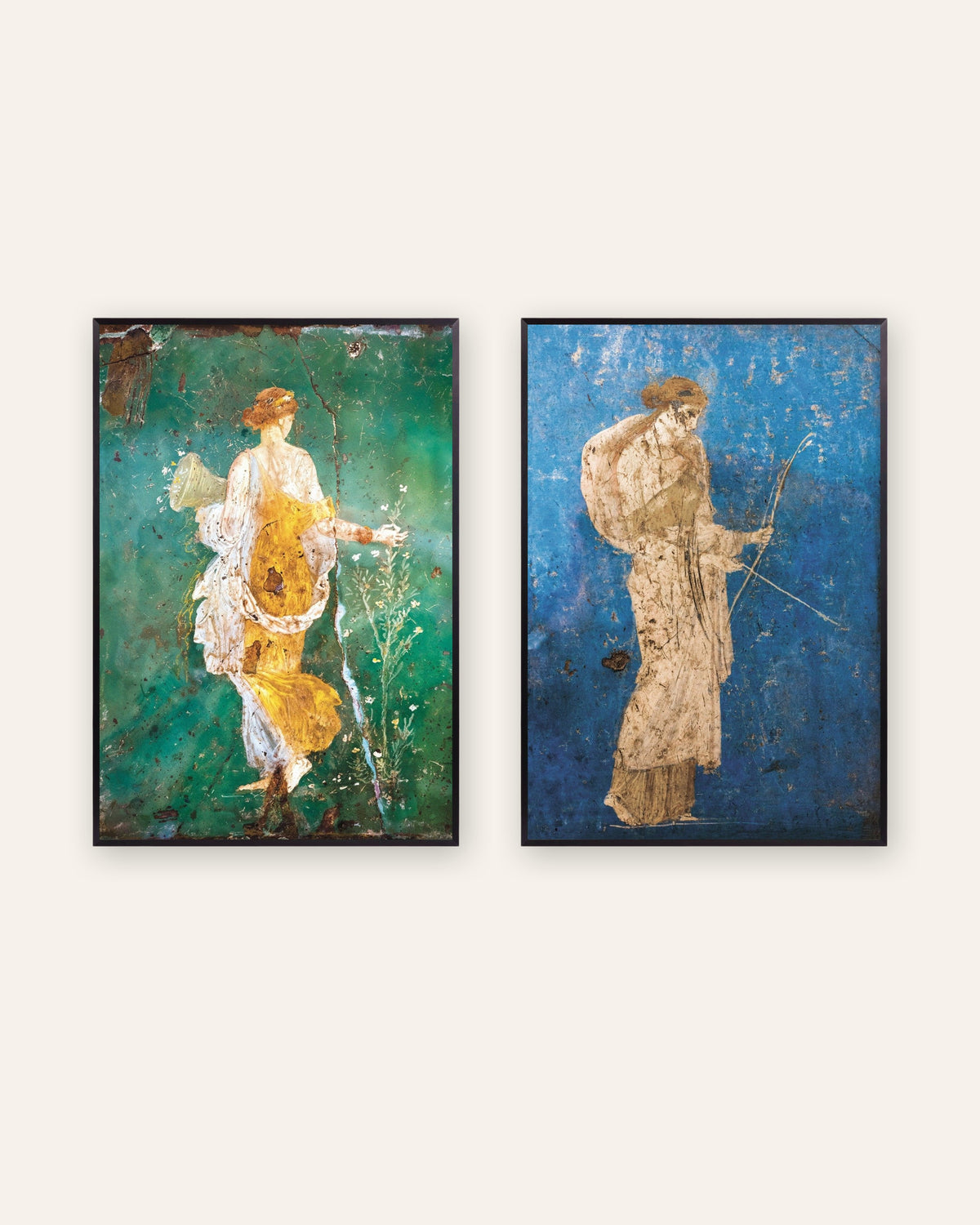 Lot de 2 affiches de fresques romaines, Flora et Artémis, cadres en métal noir