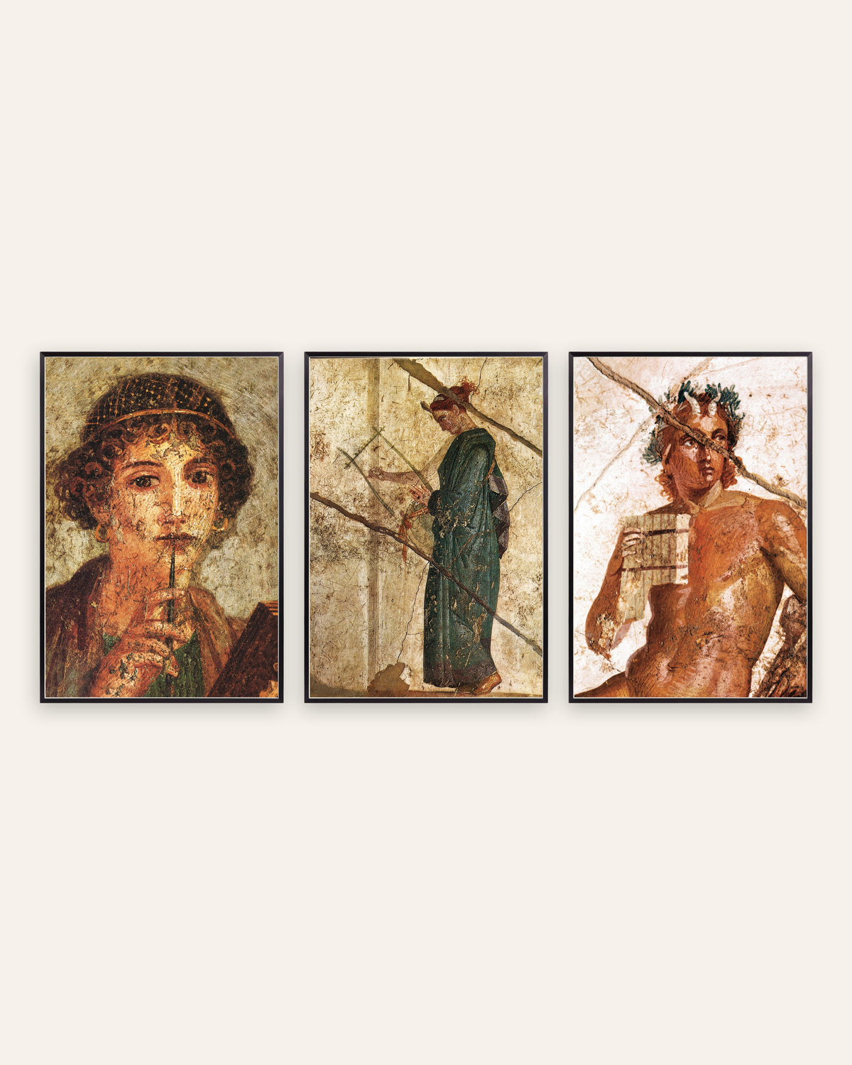 Affiches fresques romaines, lot de 3 : poésie et musique, Sappho, lyre et Pan, cadres en métal noir