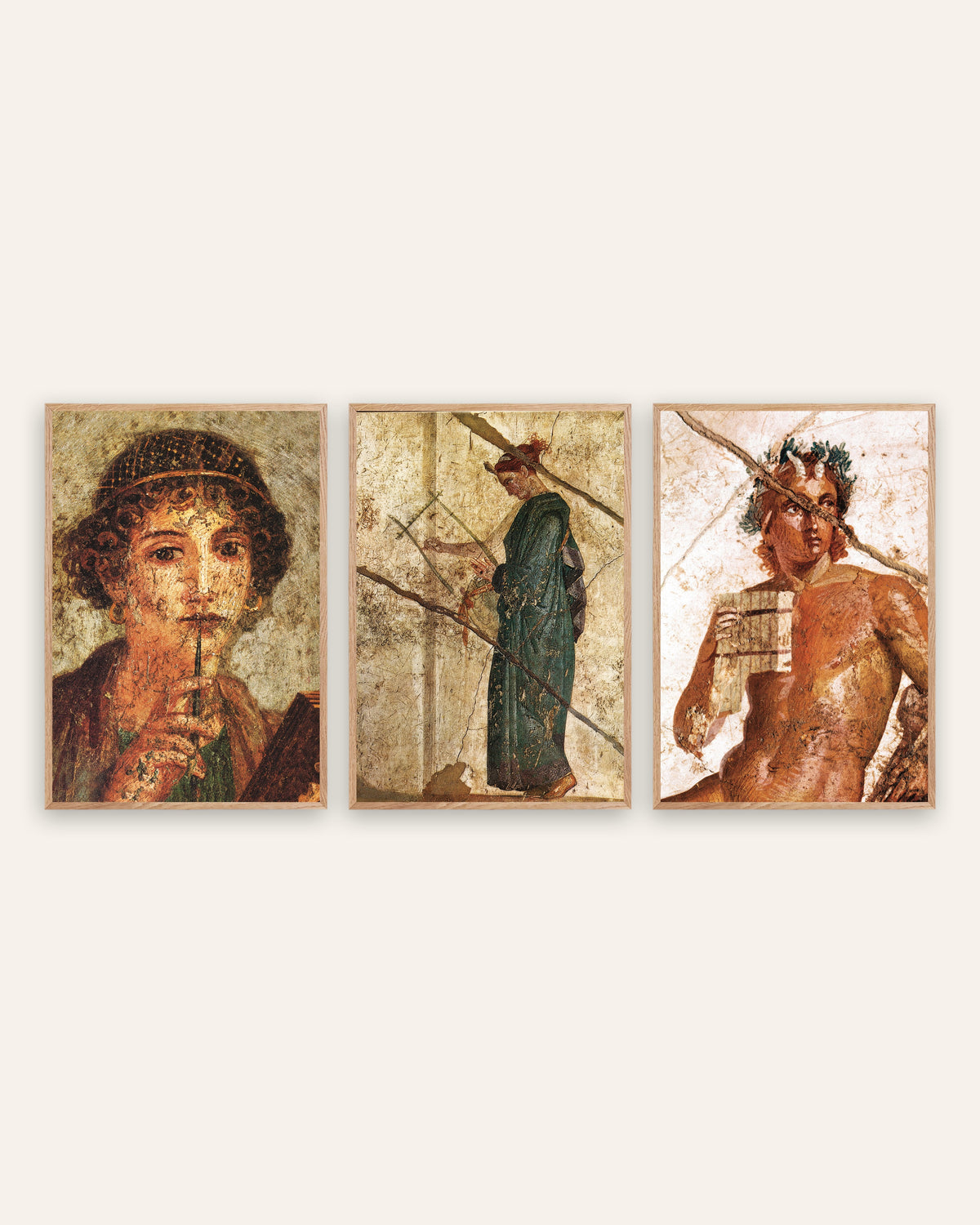 Affiches fresques romaines, lot de 3 : poésie et musique, Sappho, lyre et Pan, cadres en chêne naturel