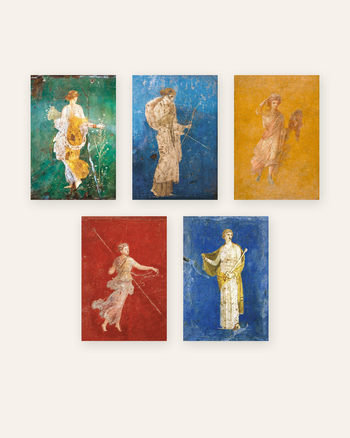 Lot de 5 affiches de fresques romaines, Flora, Artémis, Melpomène, Ménade et Médée, sans cadre