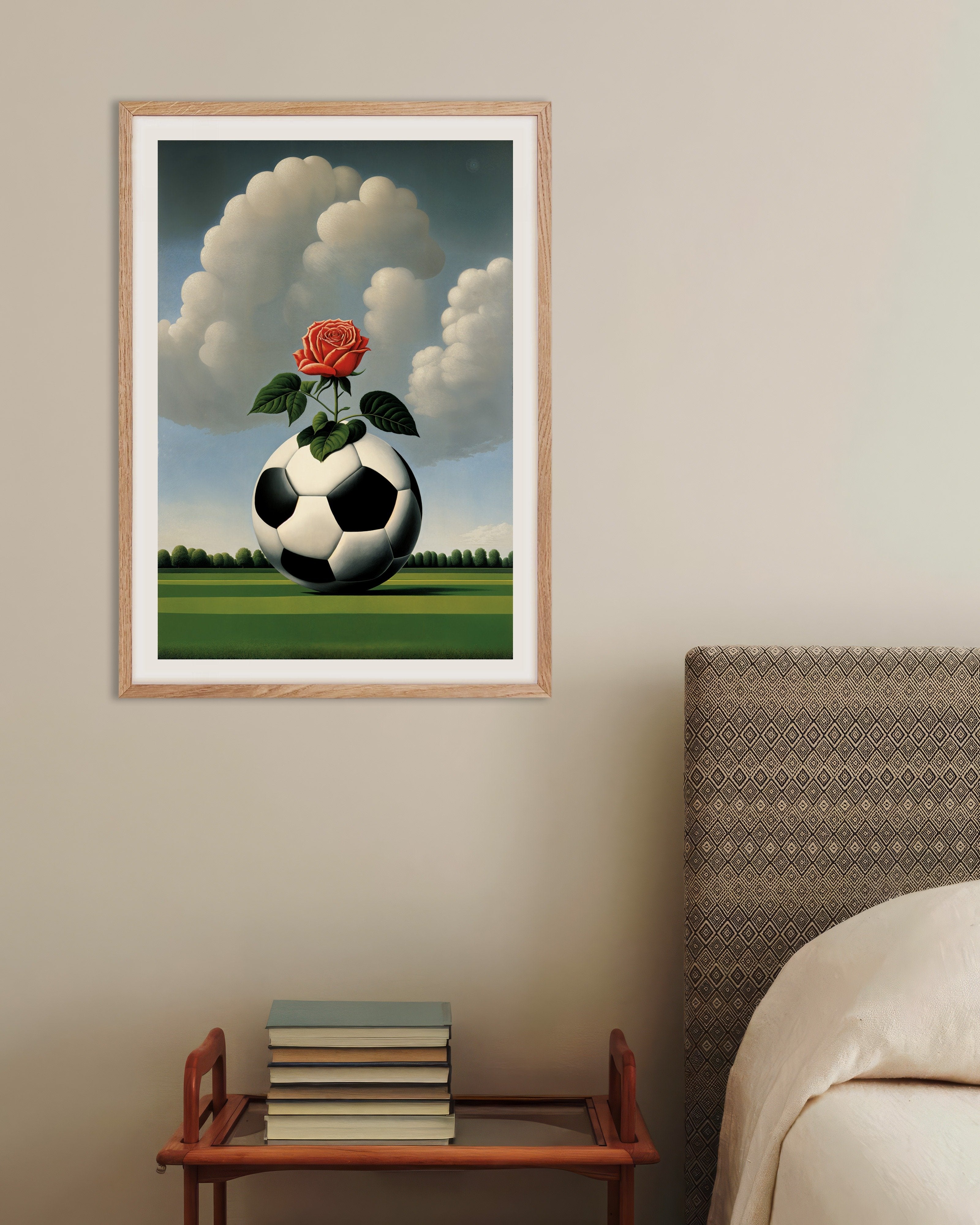 Poster of Rose on the Pitch - Surreal Soccer Ball Poster, with natural wooden frame