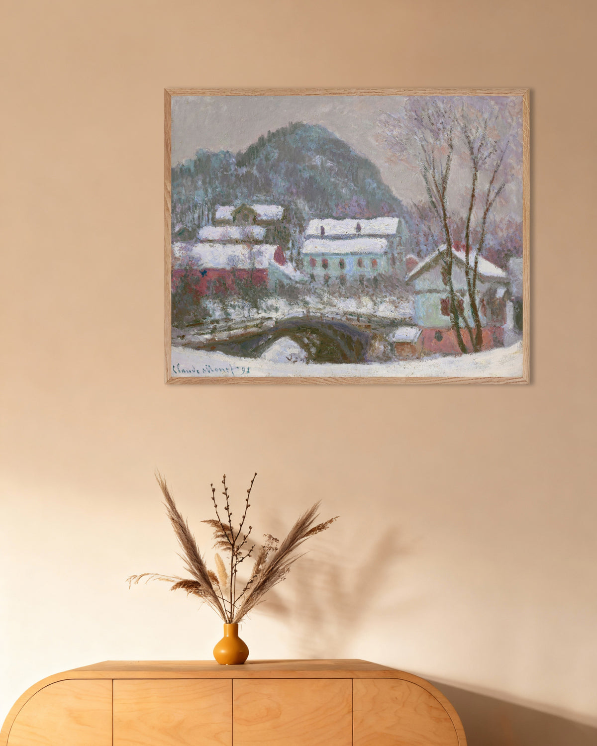 Affiche Sandviken, Norvège, effet de neige (1895) de Claude Monet, avec un cadre en bois naturel