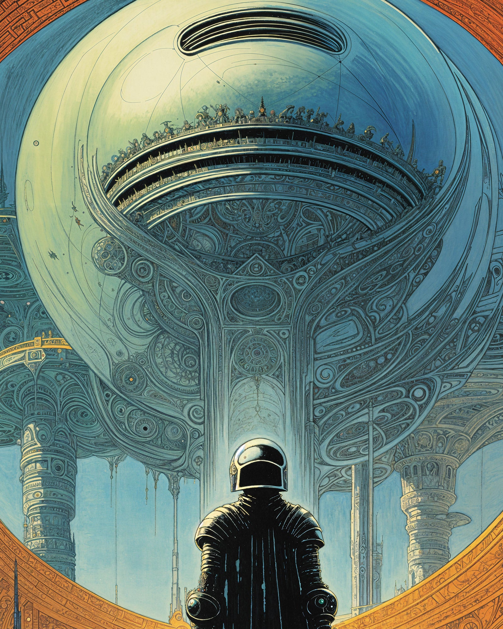 A futuristic astronaut standing in a grand, ornate hallway with a large spherical structure.