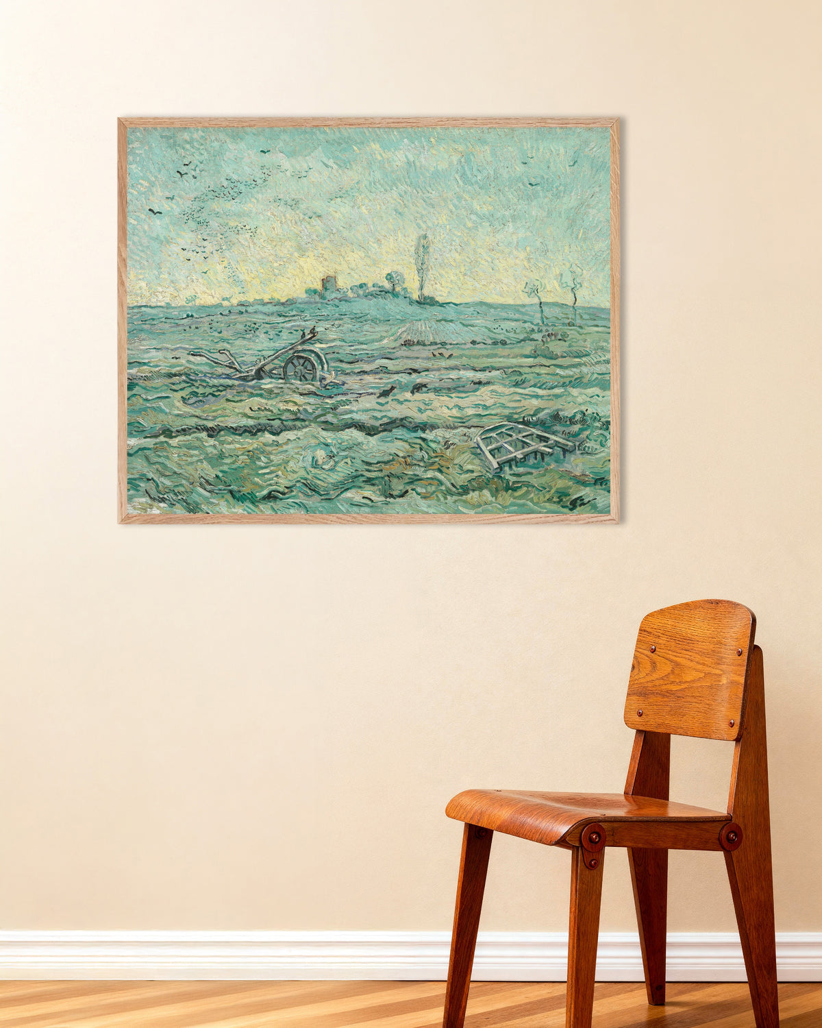 Poster de Champ enneigé avec une herse, d’après Millet (1890), Vincent van Gogh, avec un cadre en bois naturel