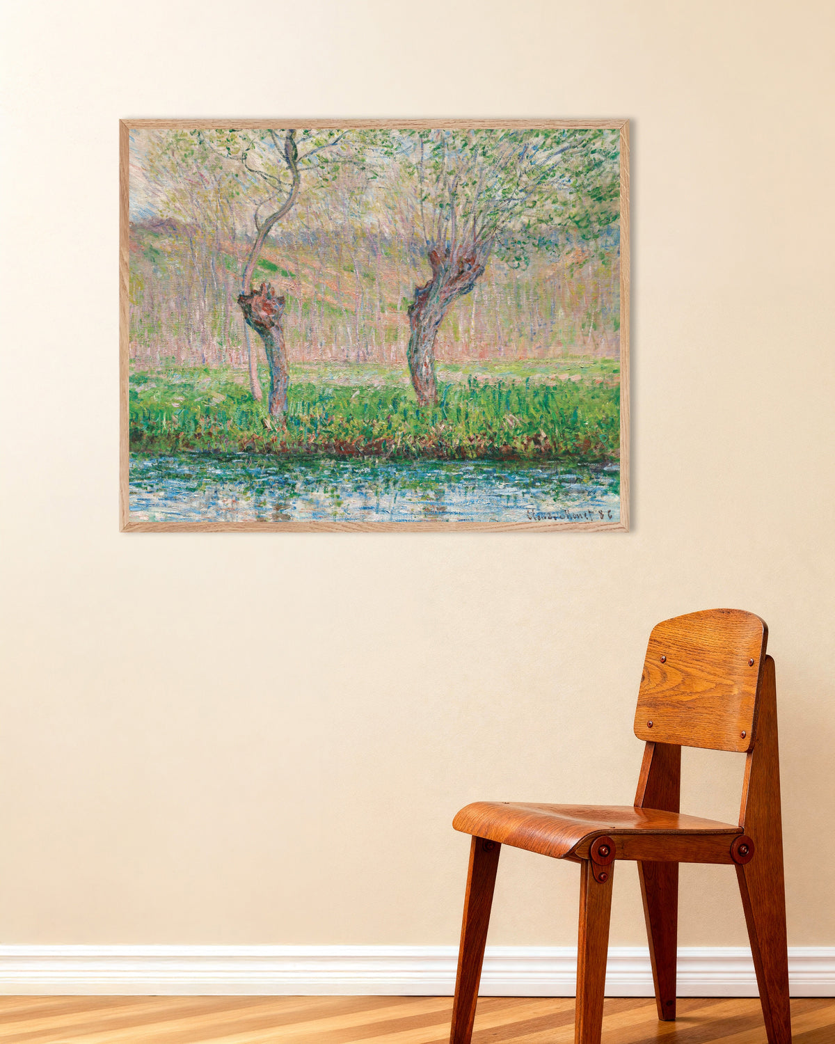 Affiche Printemps, saules (1885) de Claude Monet, avec un cadre en bois naturel