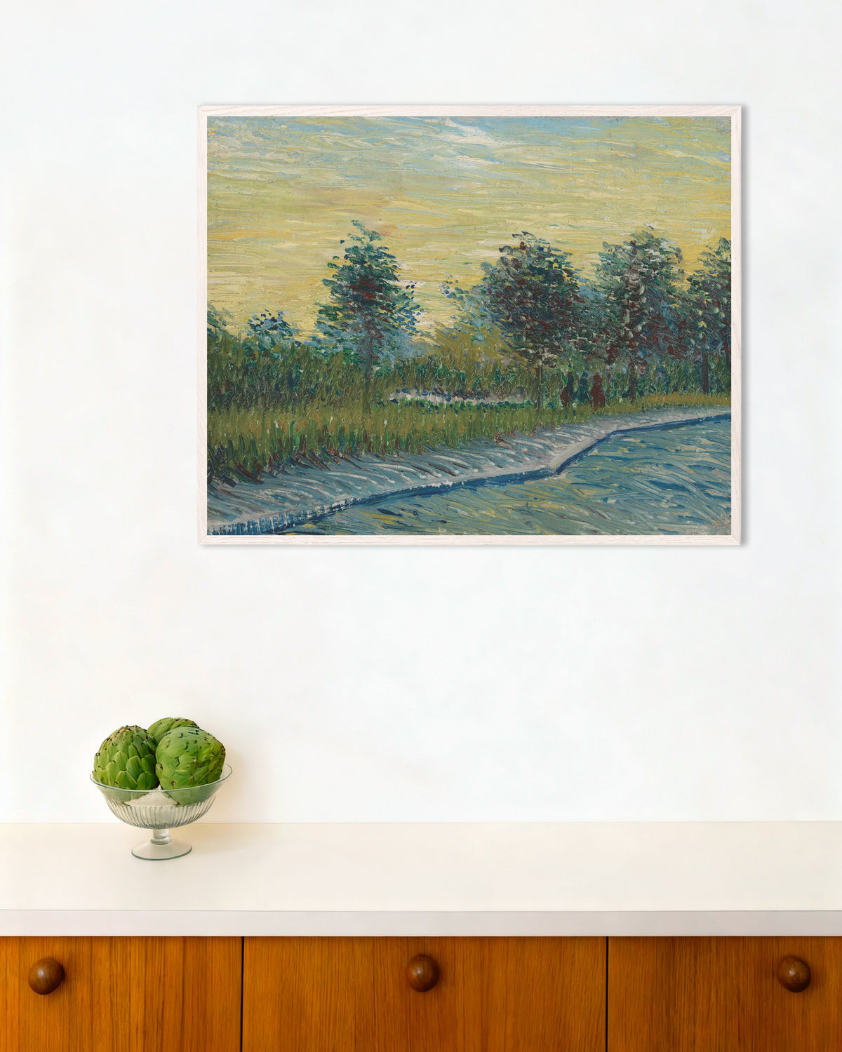 Poster de La place Saint-Pierre au coucher du soleil (1887), de Vincent van Gogh, avec cadre en bois blanc