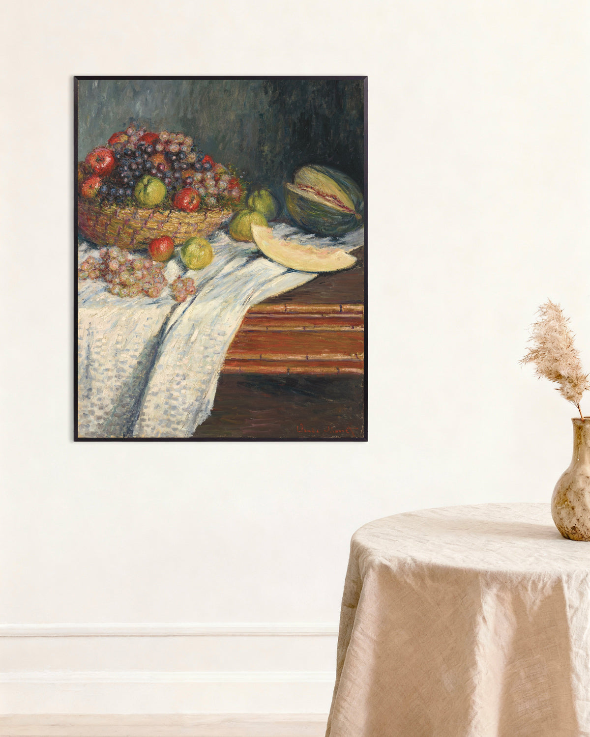 Affiche Nature morte au melon d'Espagne (1879) de Claude Monet, avec un cadre en métal