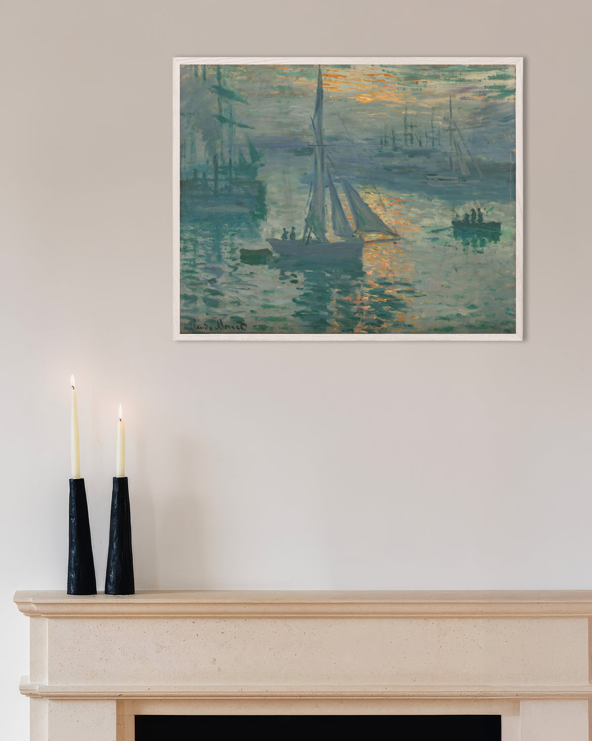 Affiche Soleil levant, marine (1873) de Claude Monet, avec un cadre en bois blanc