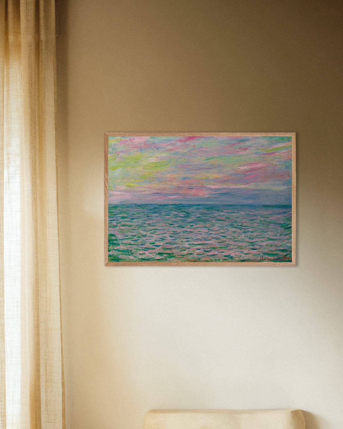 Affiche Coucher de soleil à Pourville, pleine mer (1882) de Claude Monet, avec un cadre en bois naturel