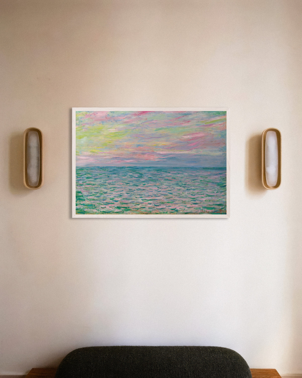 Affiche Coucher de soleil à Pourville, pleine mer (1882) de Claude Monet, avec un cadre en bois blanc