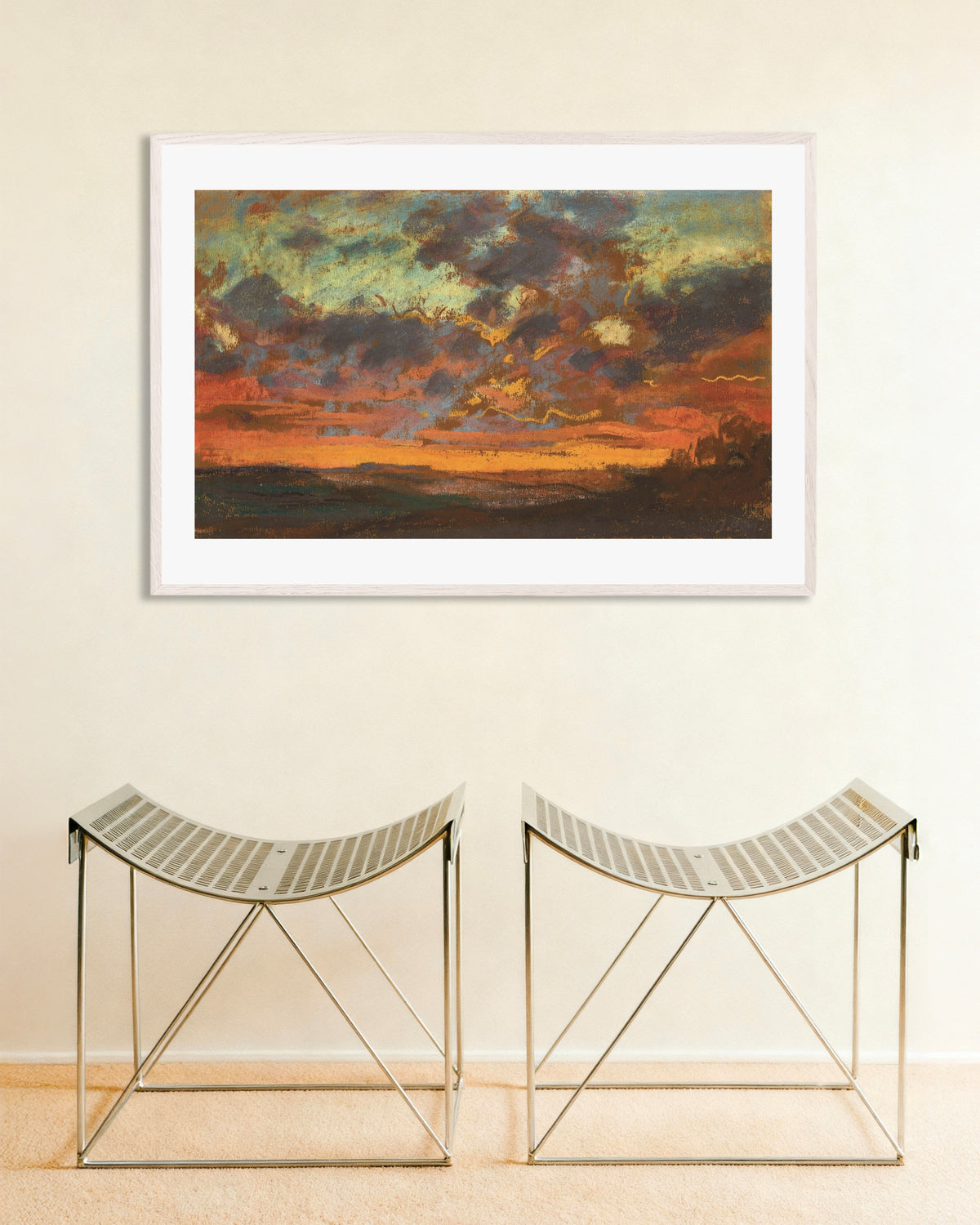 Affiche Coucher de soleil (vers 1868) de Claude Monet, avec un cadre en bois blanc