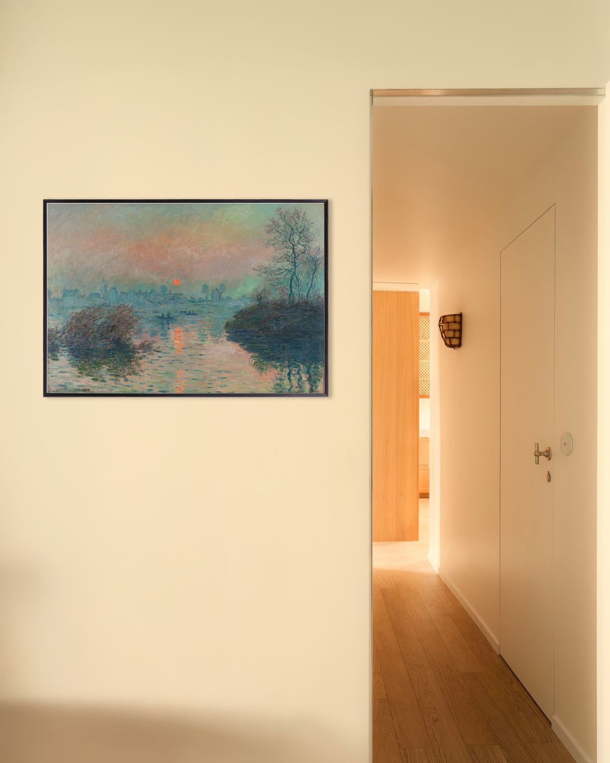 Affiche Soleil couchant sur la Seine à Lavacourt, effet d'hiver (1880) de Claude Monet, avec un cadre en métal
