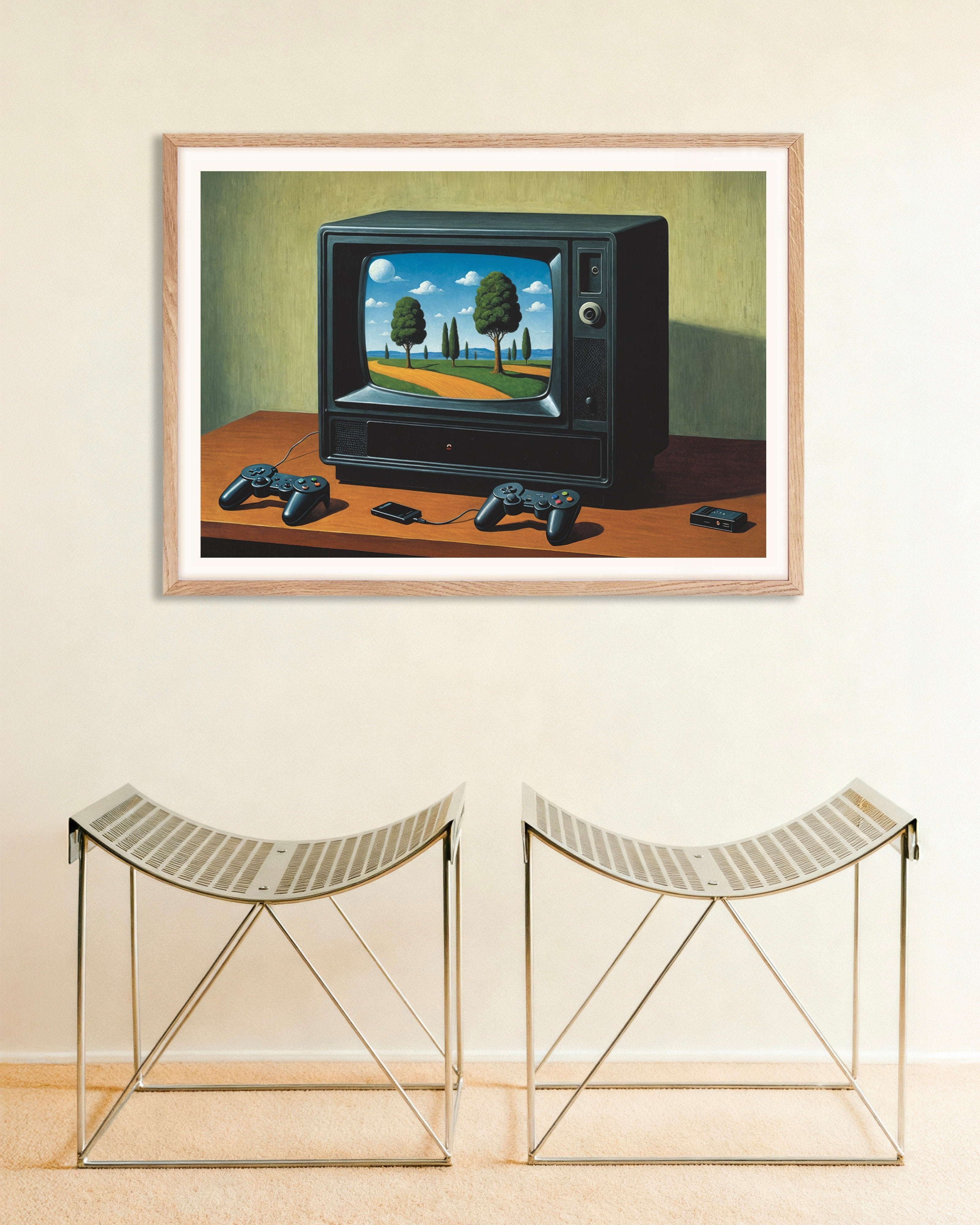 Poster of Surrealist painting game setup poster, with natural wooden frame