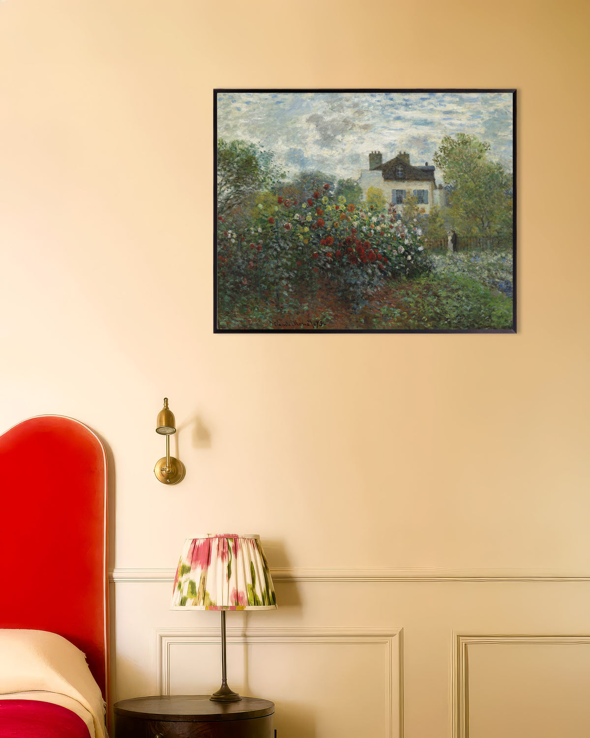 Affiche Le Jardin de l'artiste à Argenteuil, un coin du jardin avec dahlias (1873) de Claude Monet, avec un cadre en métal