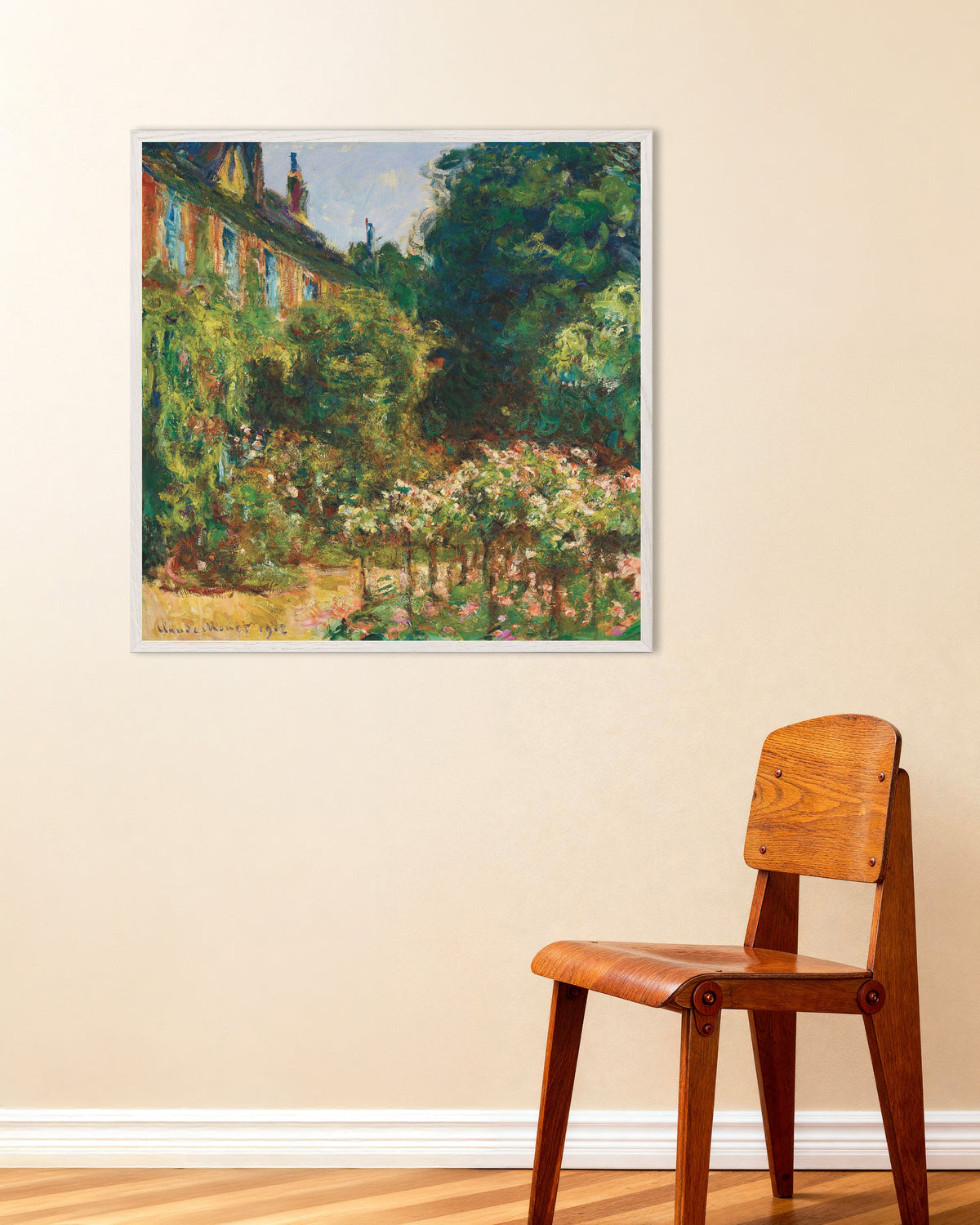 Affiche La Maison de l'artiste à Giverny (1912) de Claude Monet, avec un cadre en bois blanc