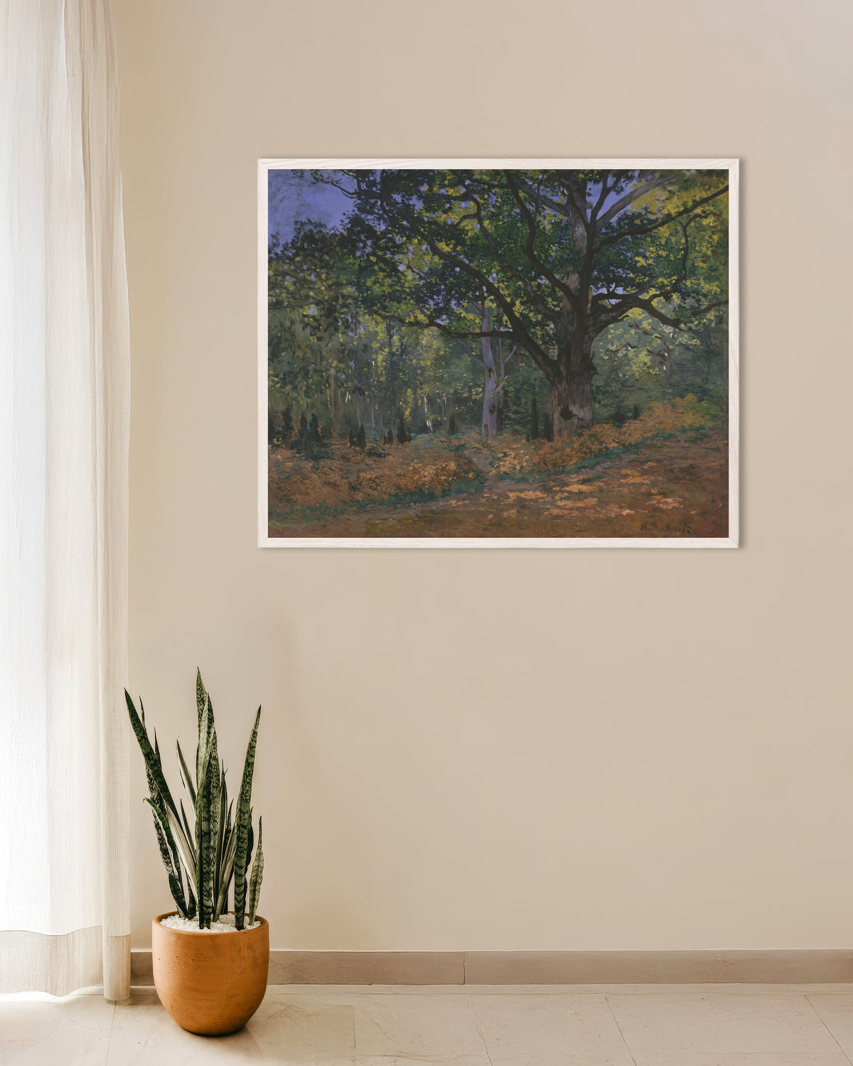 Affiche Le Chêne de Bodmer, forêt de Fontainebleau (1865) de Claude Monet, avec un cadre en bois blanc