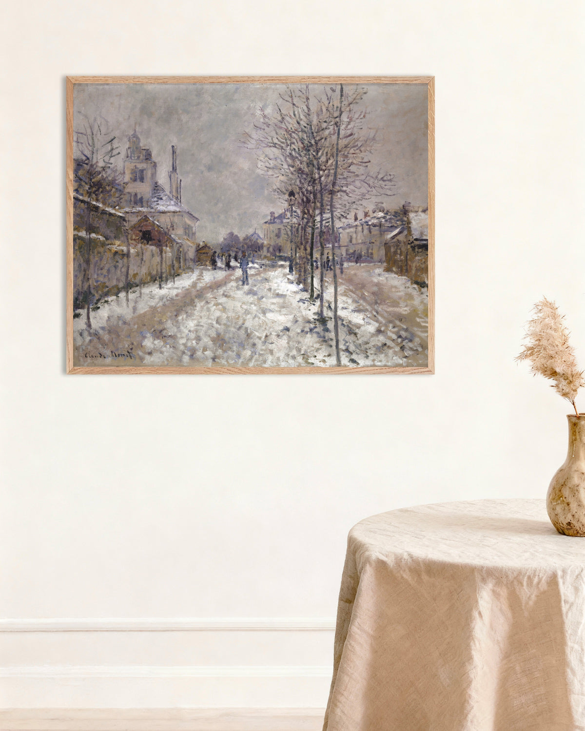 Affiche Le Boulevard de Pontoise à Argenteuil, neige (1875) de Claude Monet, avec un cadre en bois naturel