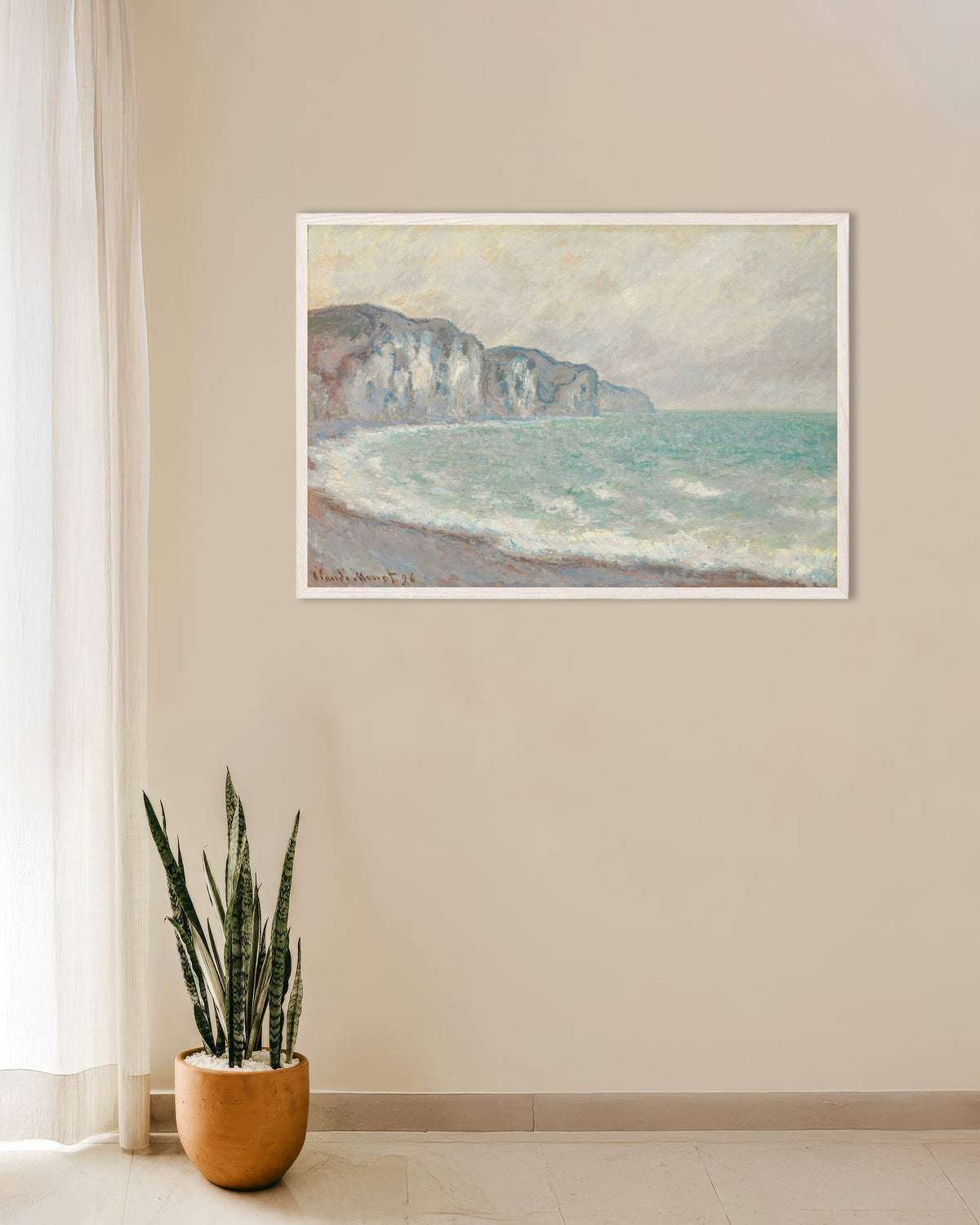 Affiche Falaise de Pourville (1896) de Claude Monet, avec un cadre en bois blanc