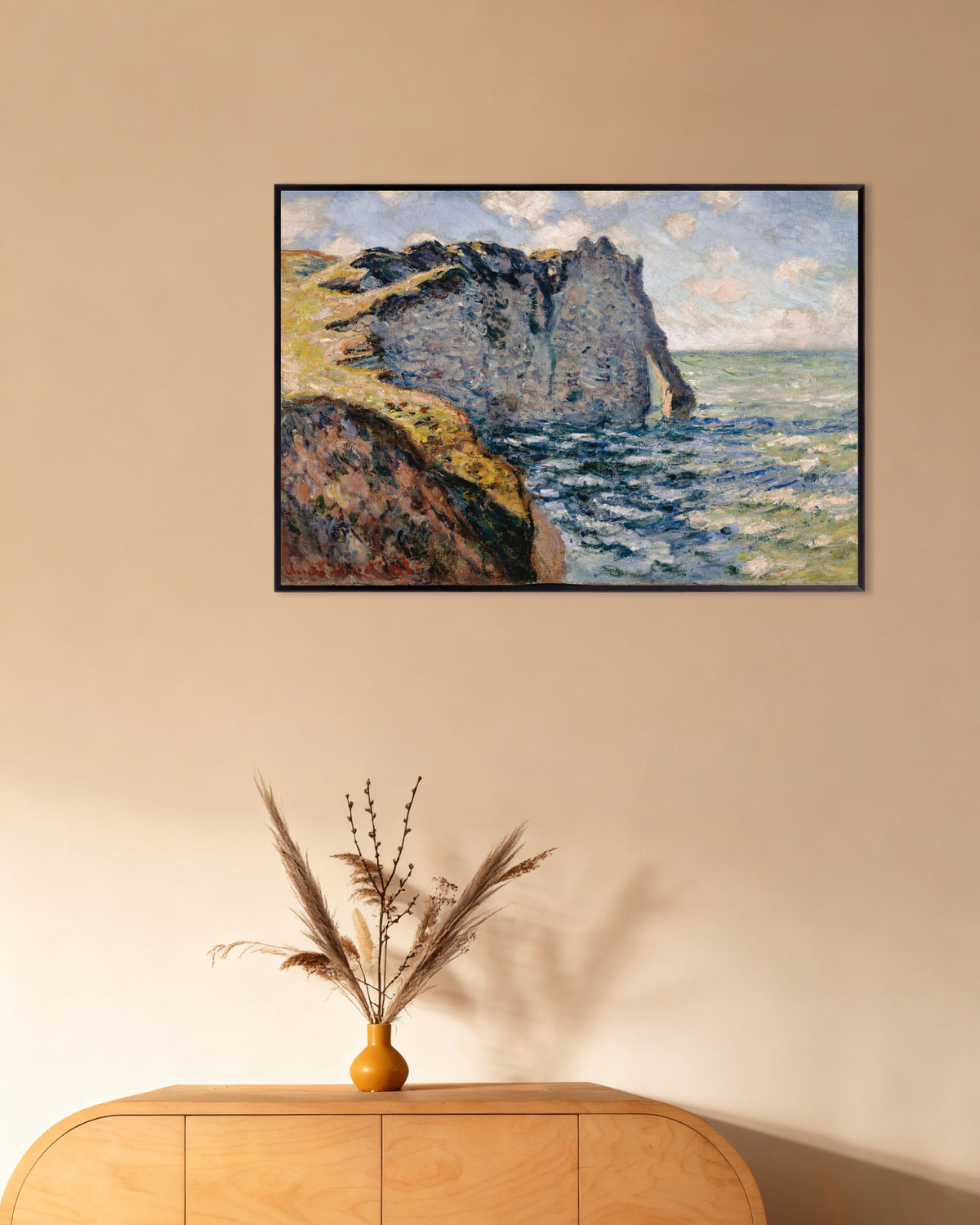 Affiche La Falaise d'Aval, Étretat (1885) de Claude Monet, avec un cadre en métal
