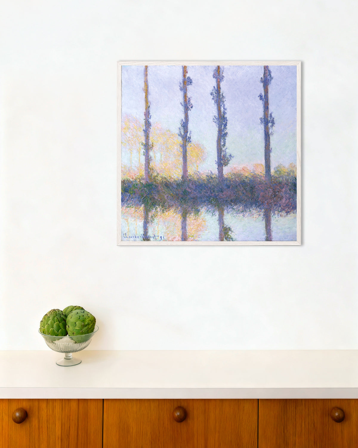 Affiche Les Quatre Arbres (1891) de Claude Monet, avec un cadre en bois blanc