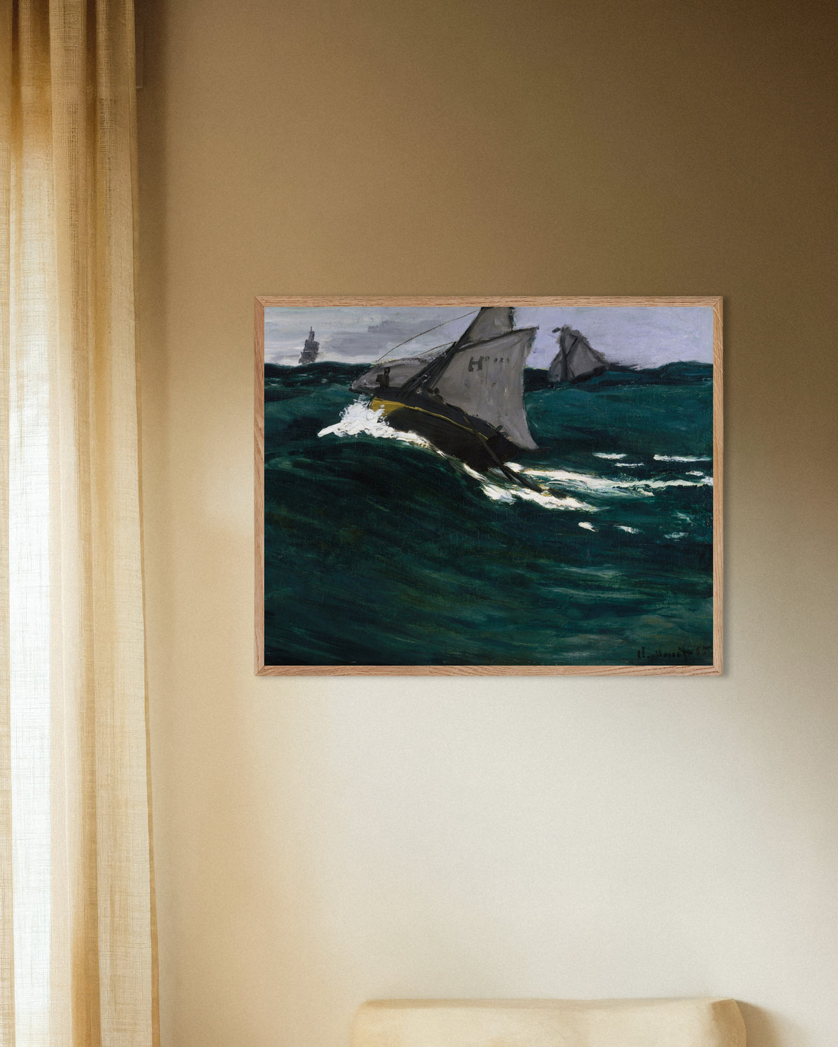 Affiche La Vague verte (vers 1866–1867) de Claude Monet, avec un cadre en bois naturel