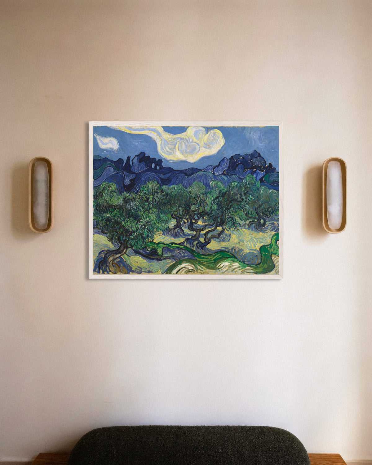 Poster de Les Oliviers (1889) de Vincent van Gogh, avec cadre en bois blanc