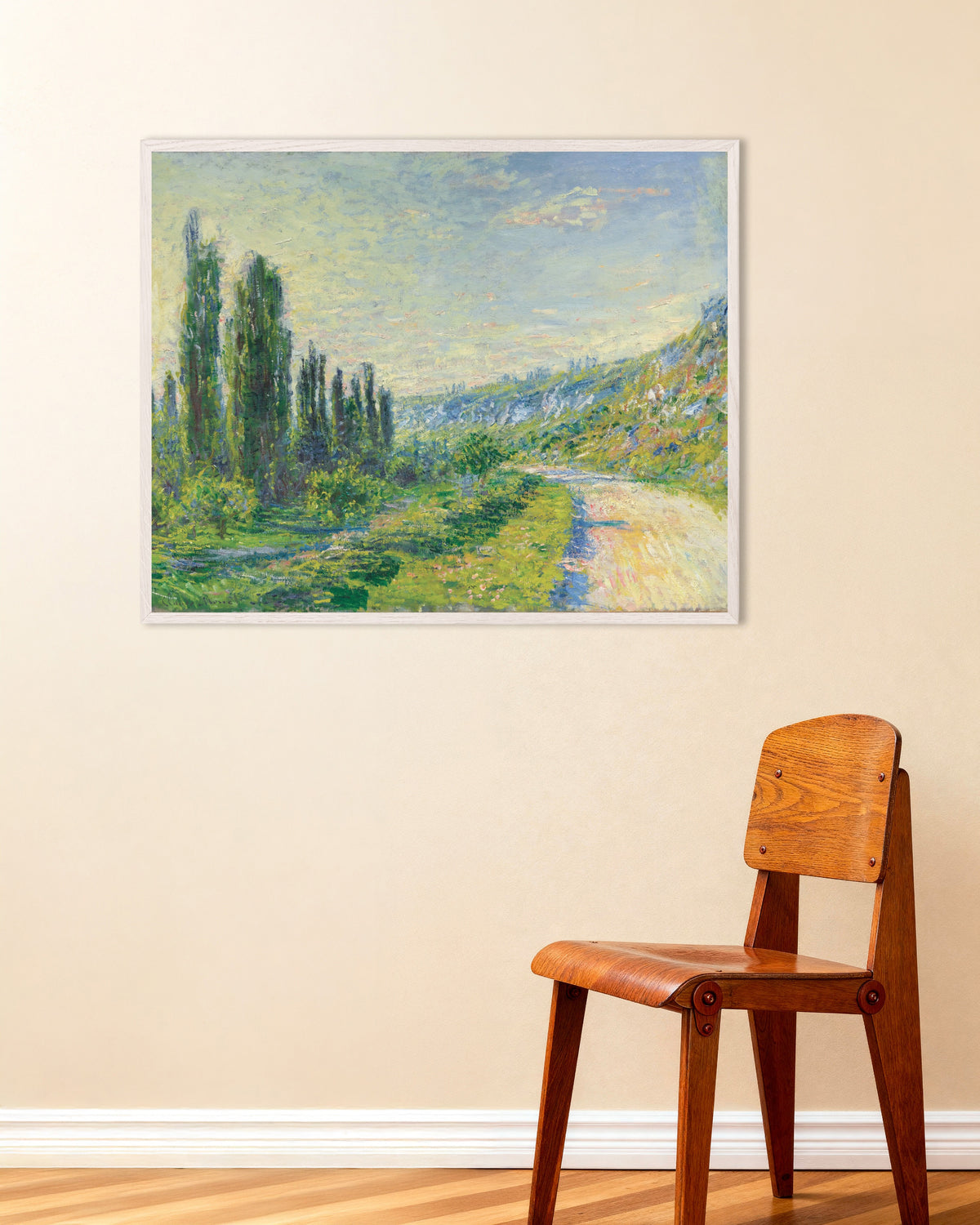 Affiche La Route de Vétheuil (vers 1880) de Claude Monet, avec un cadre en bois blanc