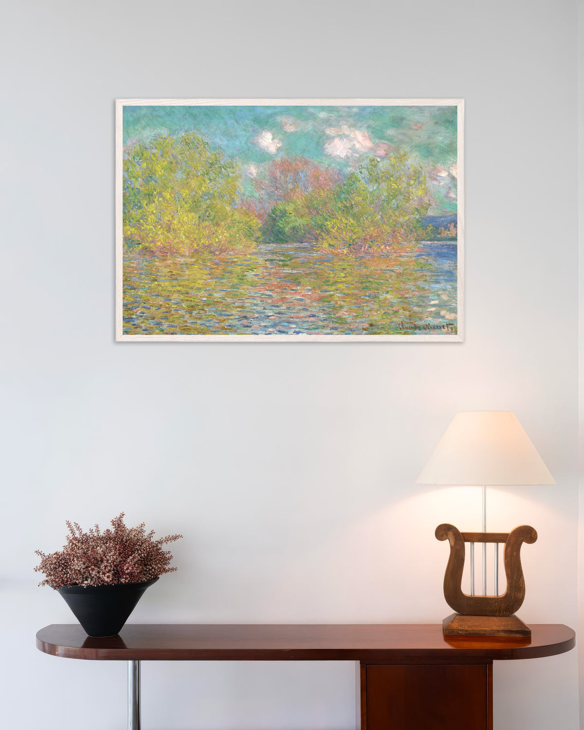 Affiche La Seine près de Giverny (1888) de Claude Monet, avec un cadre en bois blanc