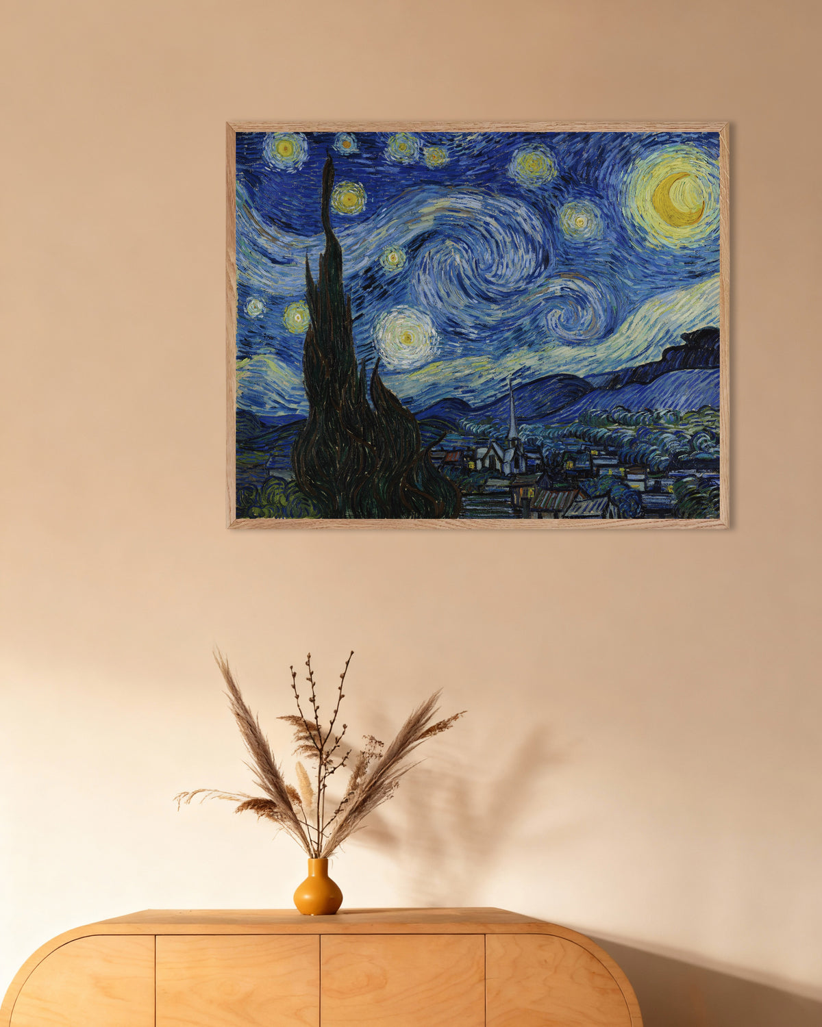Affiche « La Nuit étoilée » (1889) de Vincent van Gogh, avec cadre en bois naturel