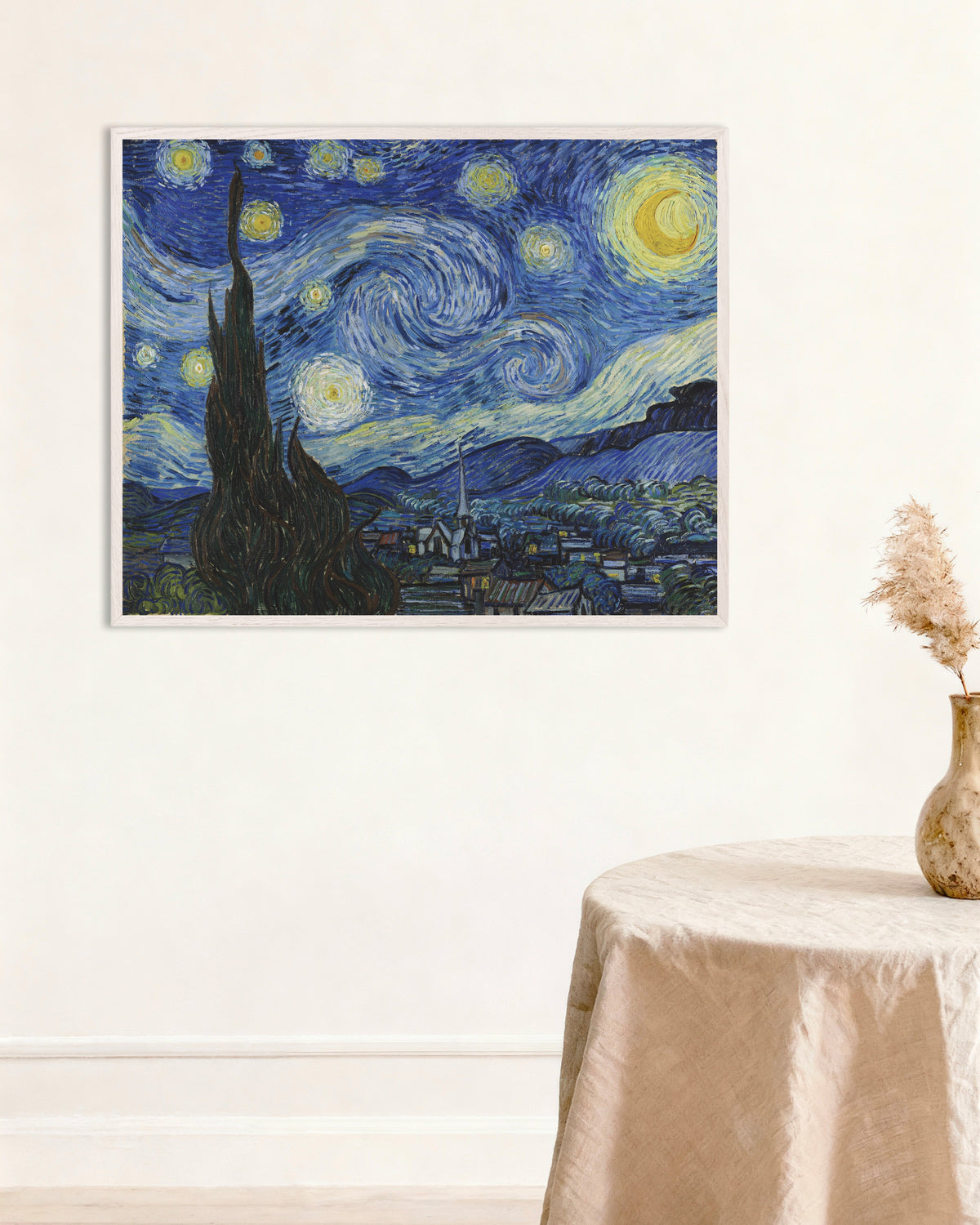 Affiche « La Nuit étoilée » (1889) de Vincent van Gogh, avec cadre en bois blanc