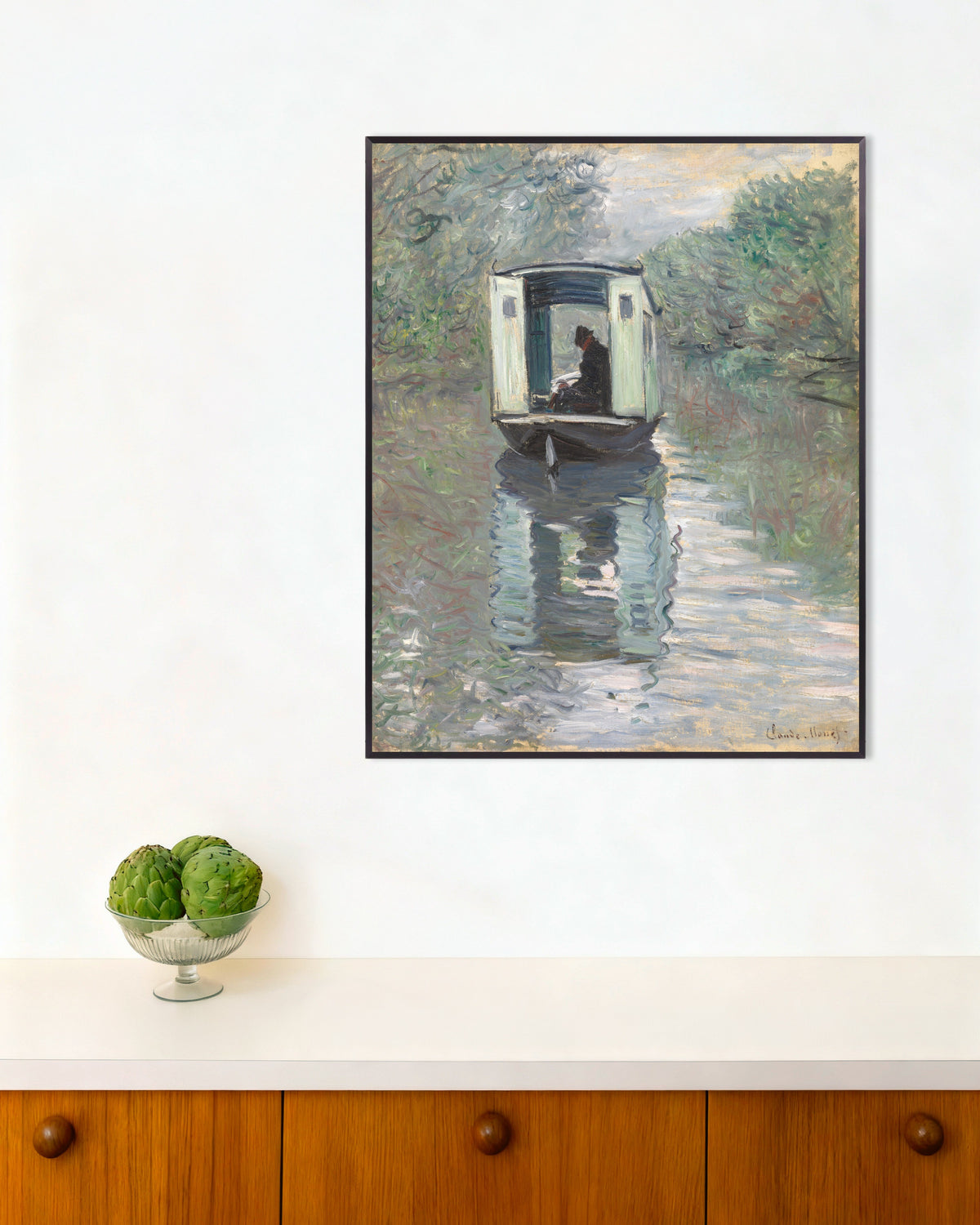 Affiche Le Bateau-atelier (1876) de Claude Monet, avec un cadre en métal