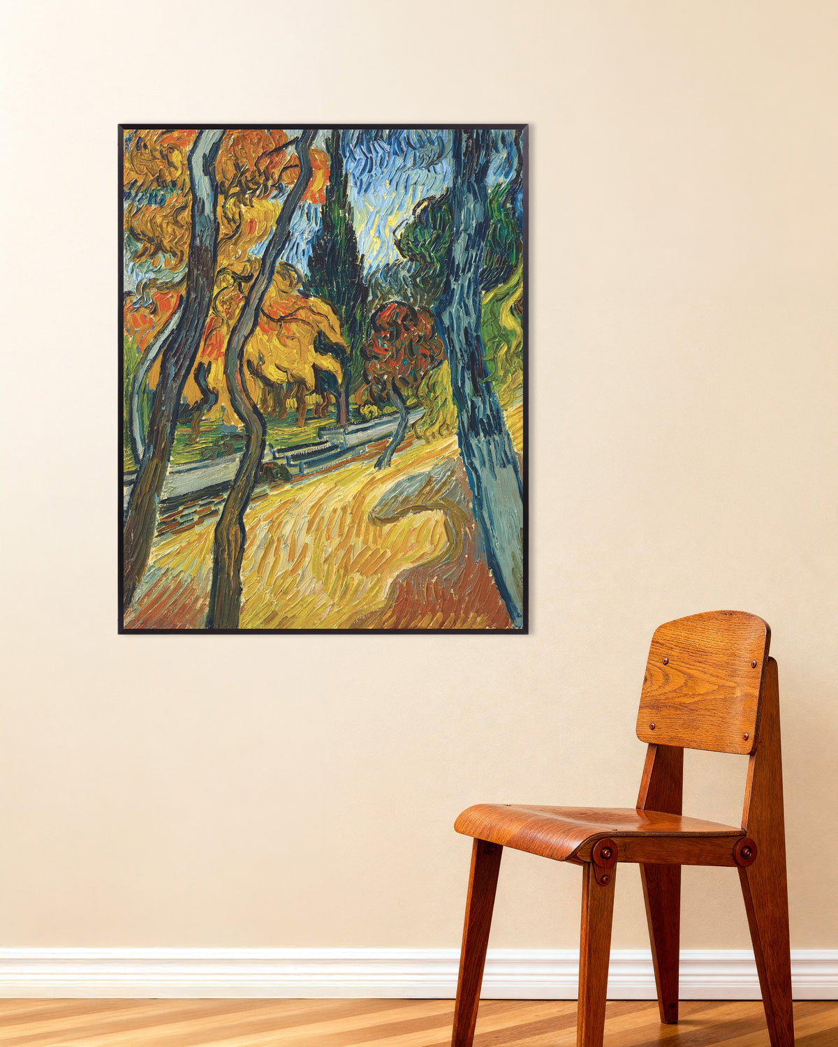 Poster Arbres dans le jardin de l’asile (1889) de Vincent van Gogh, avec cadre métallique