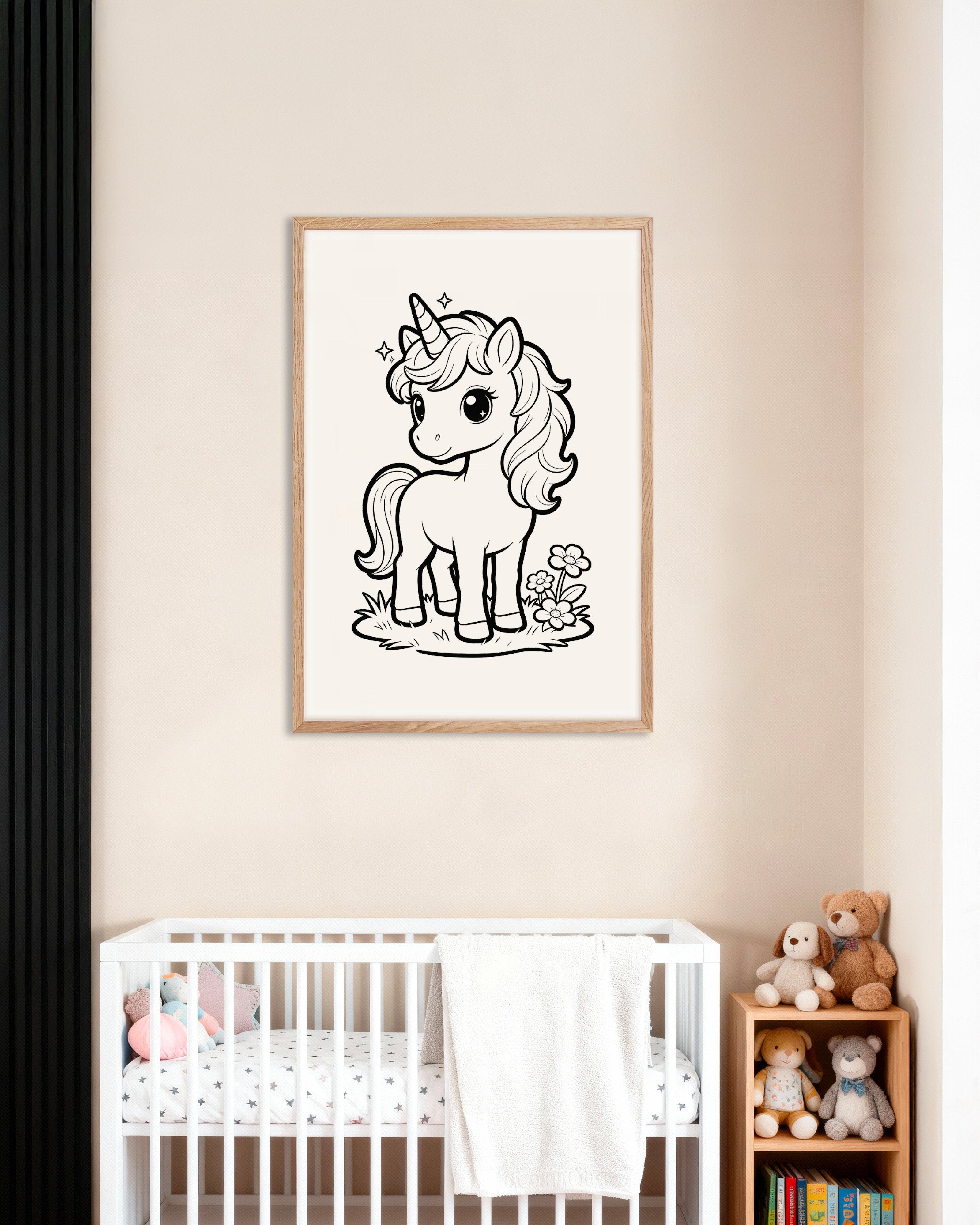 Poster of Unicorn coloring page for kids, with natural wooden frame