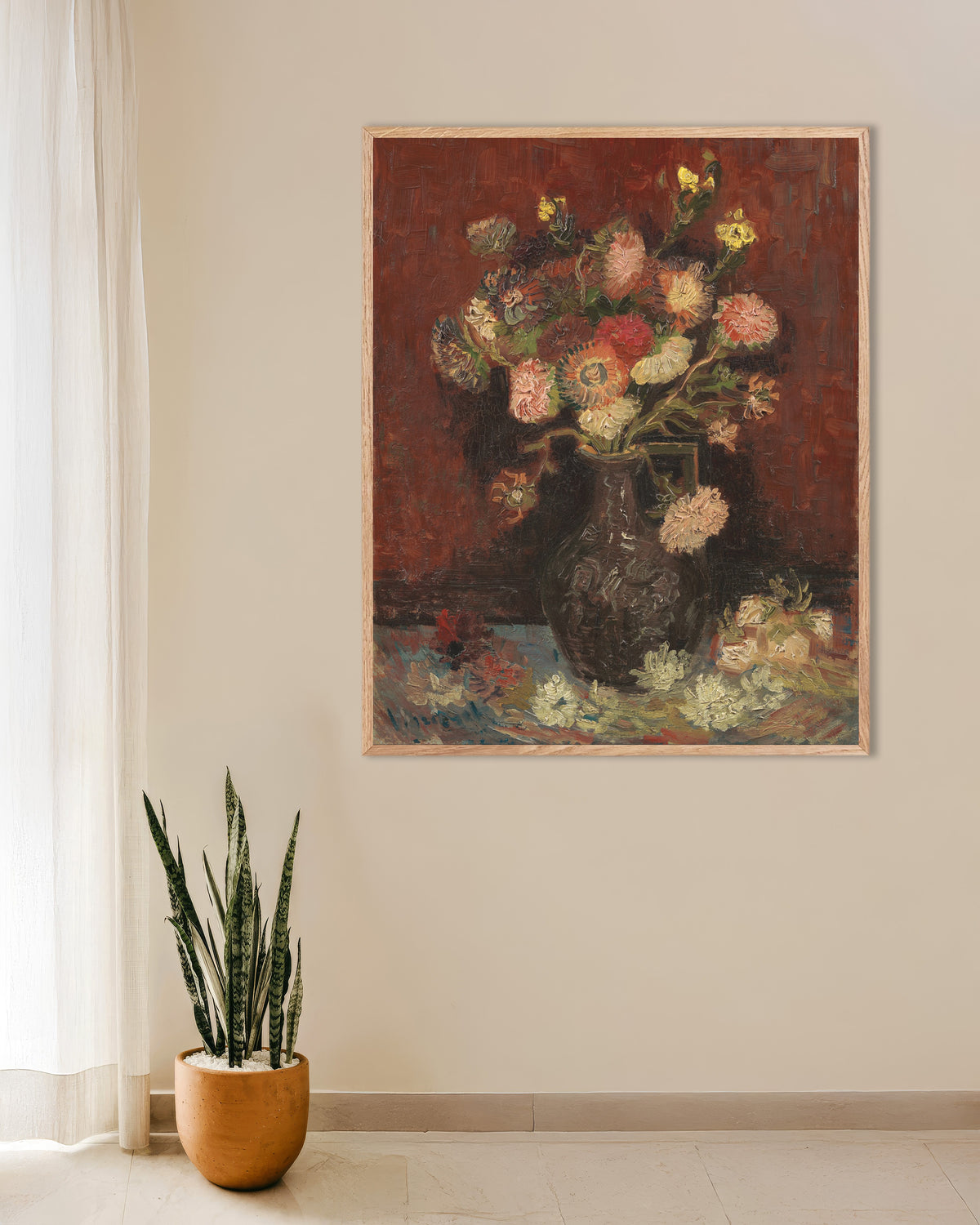 Poster de Vase avec asters de Chine et glaïeuls (1886), de Vincent van Gogh, avec un cadre en bois naturel