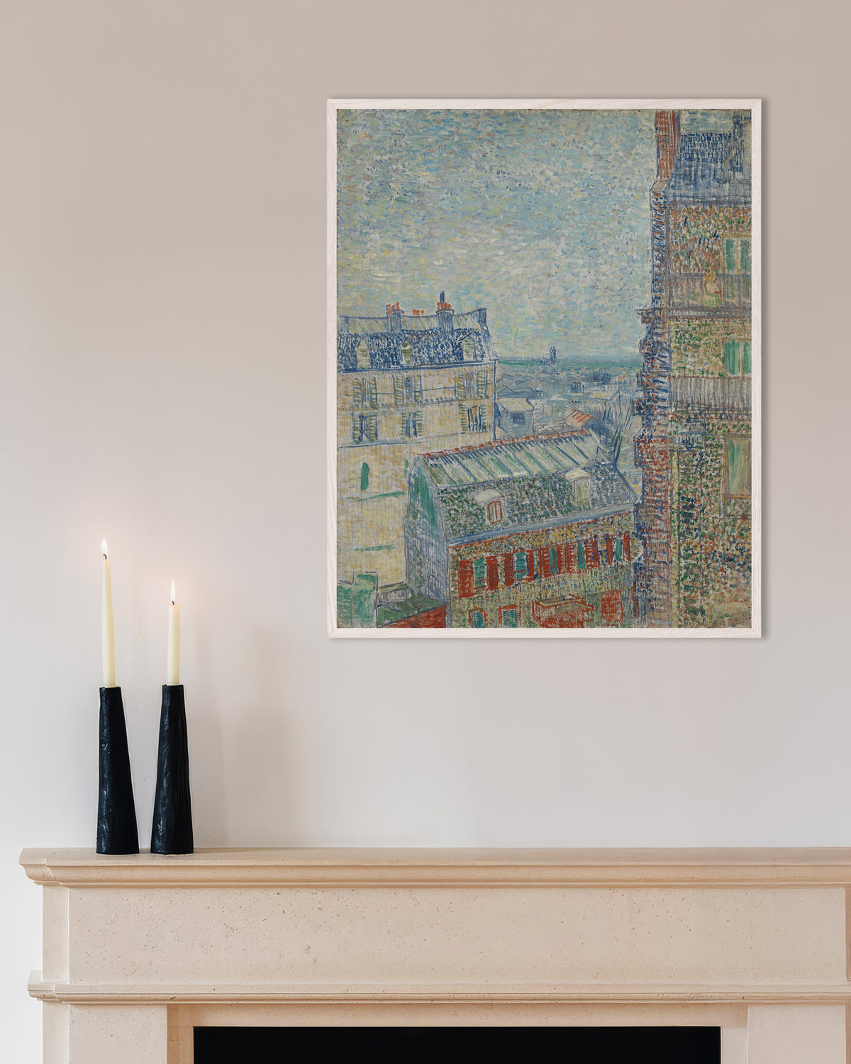 Poster Vue depuis l’appartement de Theo (1887) de Vincent van Gogh, avec cadre en bois blanc