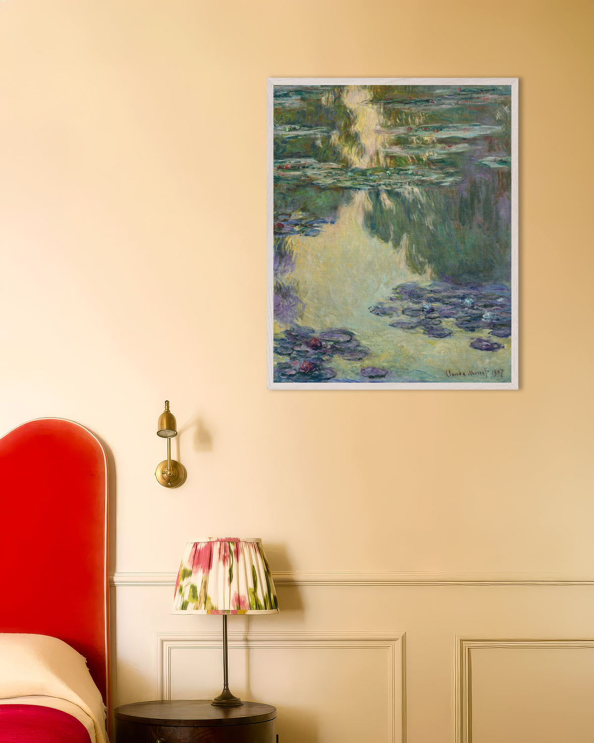 Affiche Nymphéas (1907) de Claude Monet, avec un cadre en bois blanc