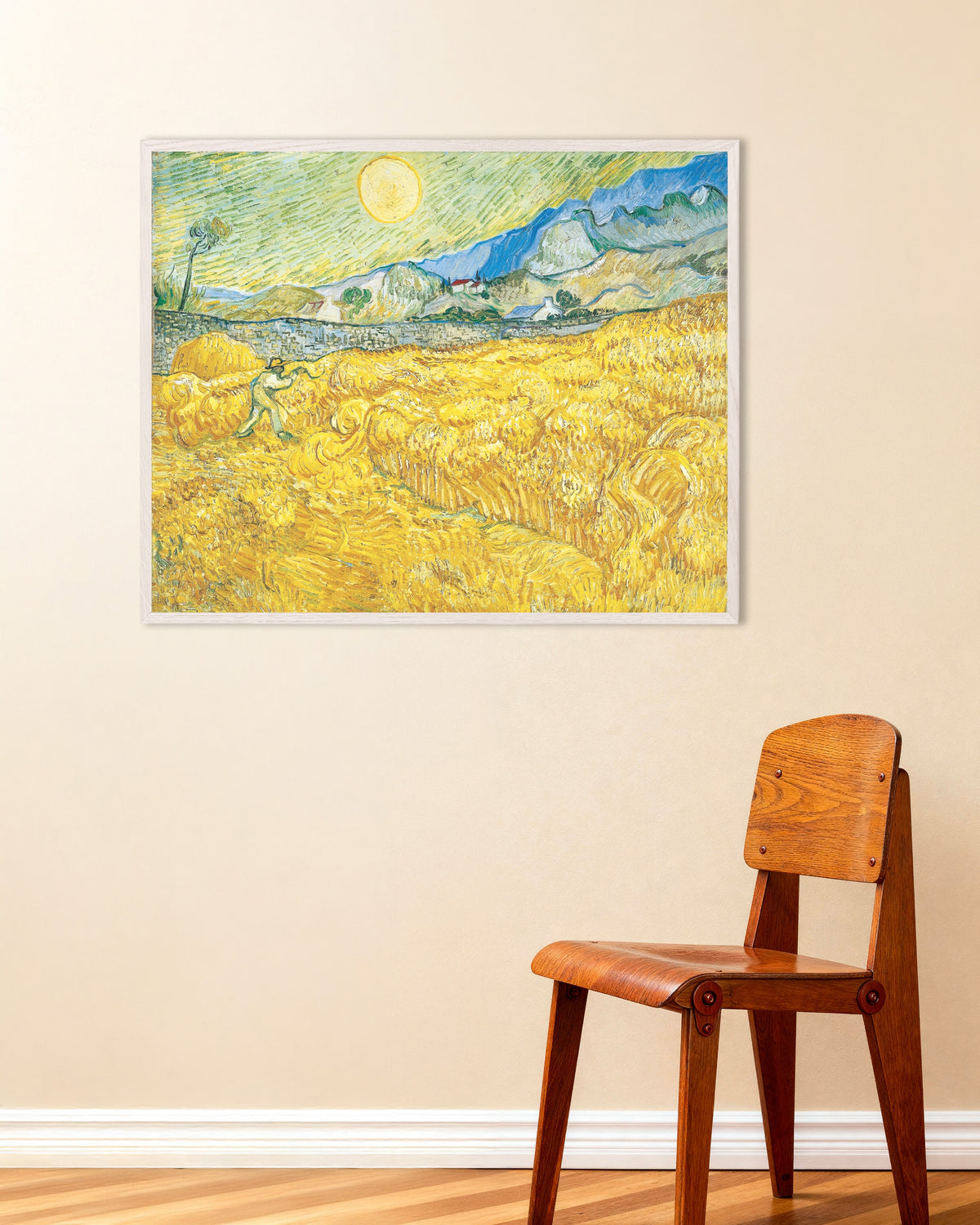 Poster de Champ de blé derrière l’hôpital Saint-Paul avec un faucheur (1889) de Vincent van Gogh, avec un cadre en bois blanc