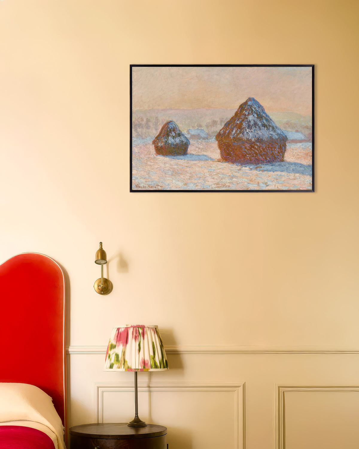 Affiche Meules, effet de neige, le matin (1891) de Claude Monet, avec un cadre en métal